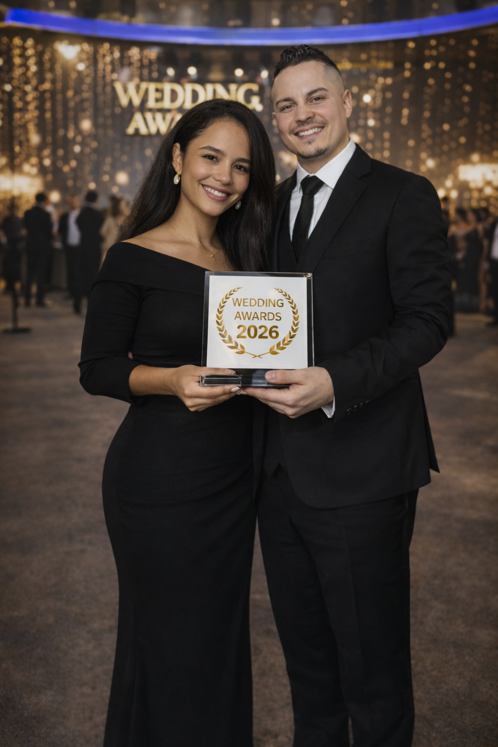 Couple élégant tenant un trophée en forme de mariée marqué “Wedding Awards 2026”, la femme en robe noire et l’homme en costume noir, posant lors d’une cérémonie de remise de prix dans un décor prestigieux.