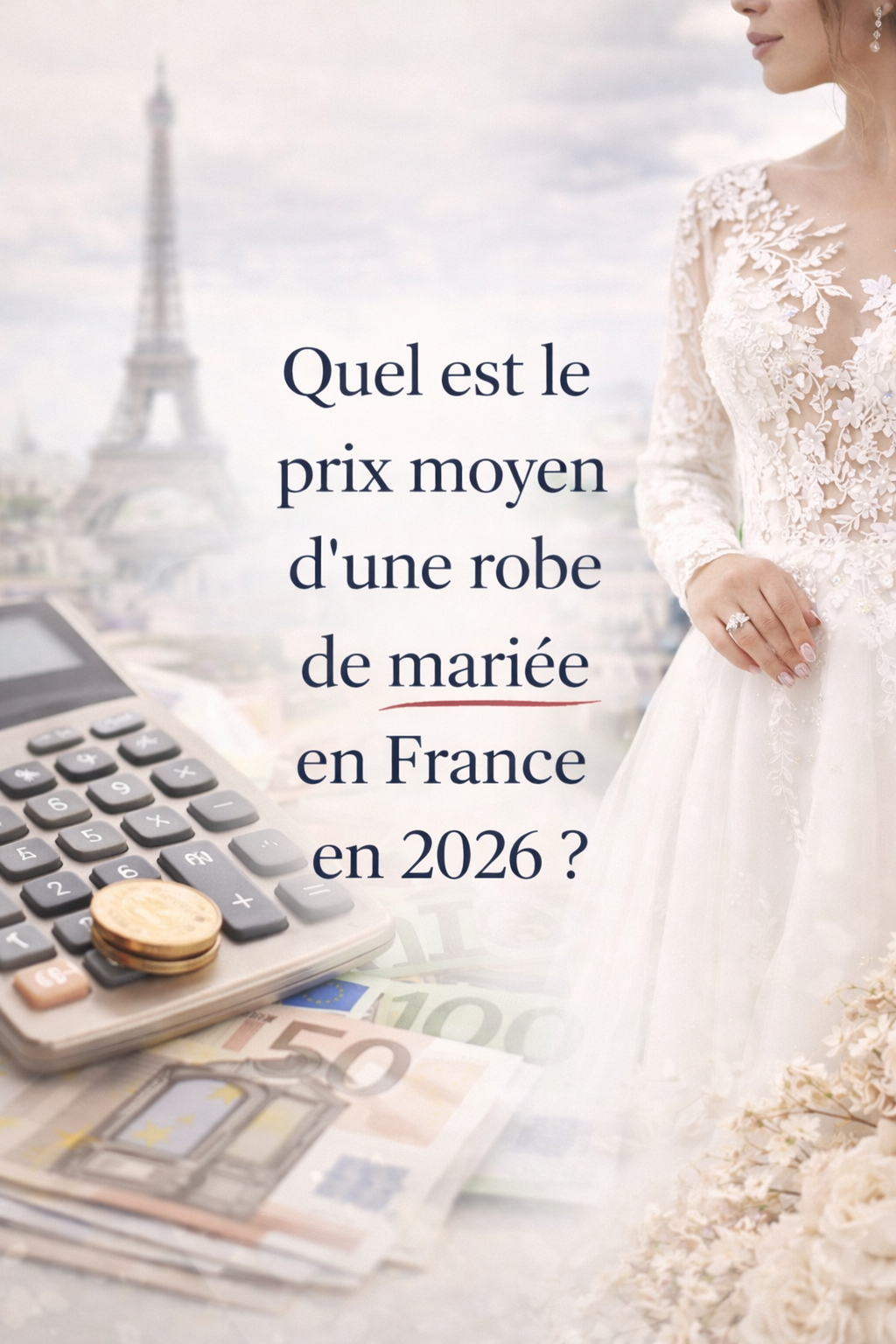 Prix moyen d’une robe de mariée en France en 2026 : illustration d’une mariée en robe blanche avec éléments de budget mariage et référence à la France