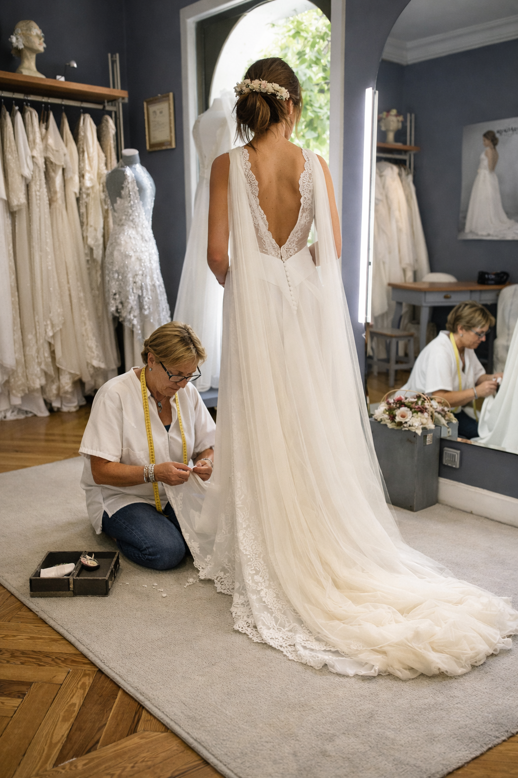 Couturière en train de raccourcir la longueur d’une robe de mariée lors d’une retouche en atelier