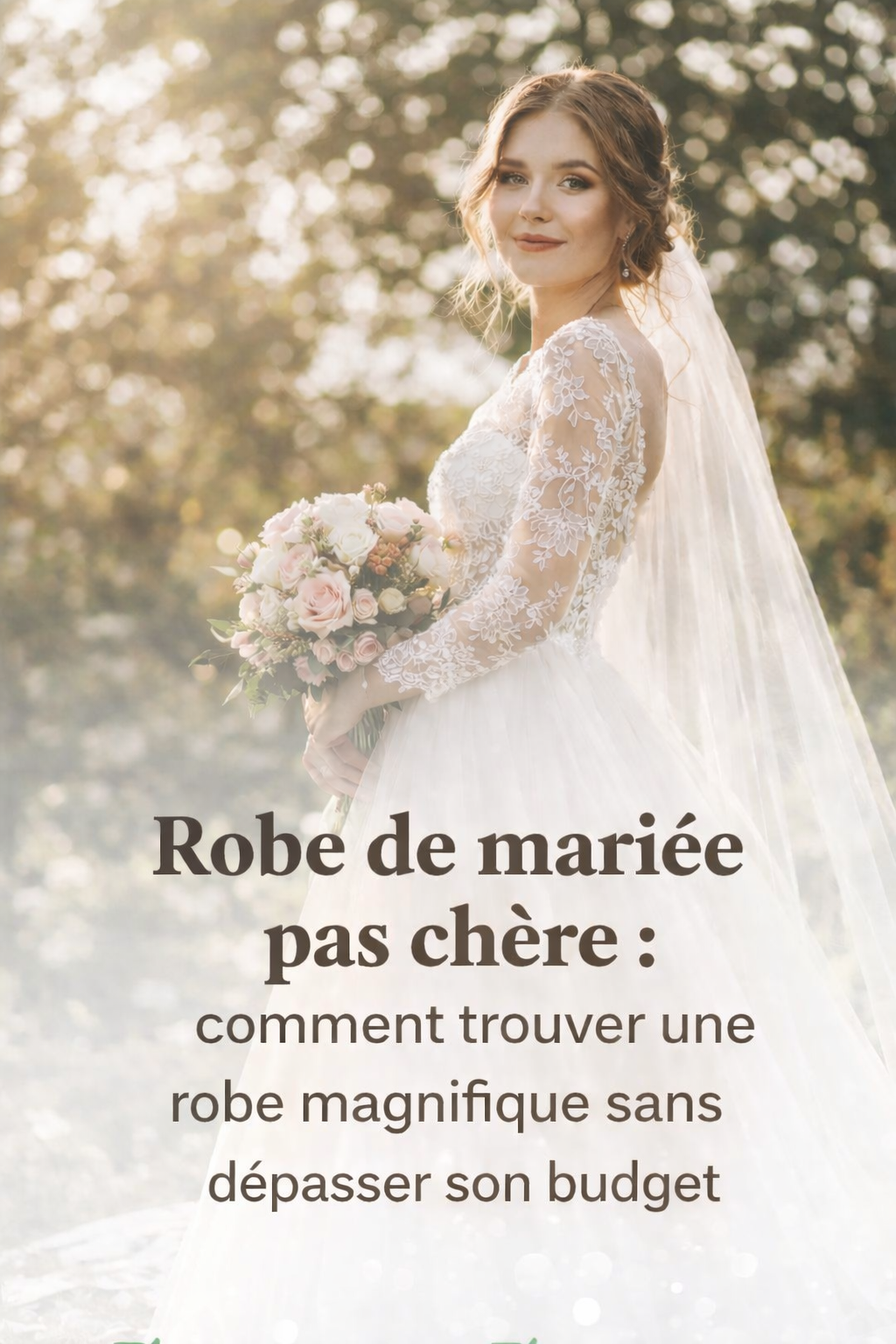 Mariée portant une robe de mariée élégante et abordable tenant un bouquet lors d’un mariage en extérieur