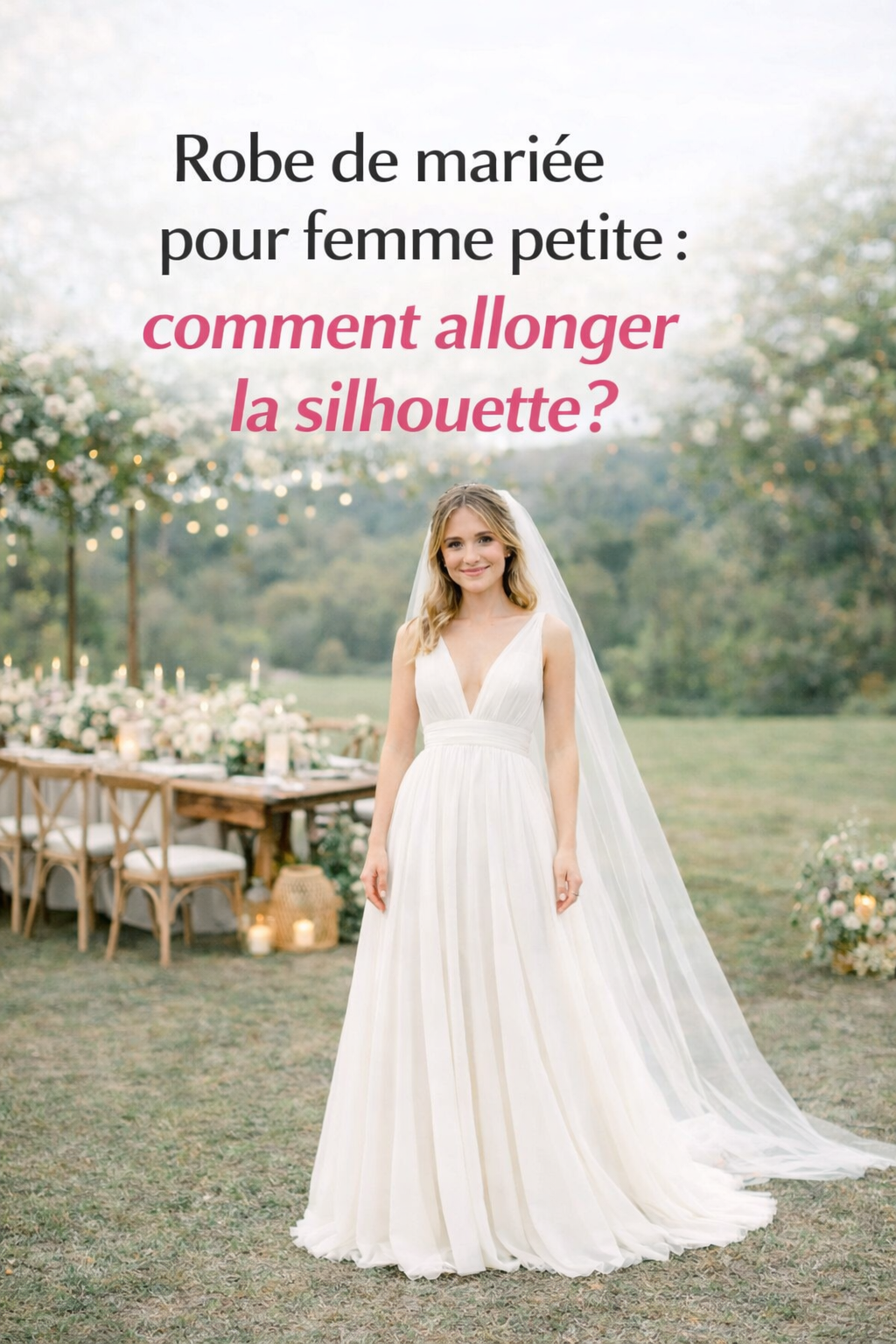 Mariée de petite taille en robe de mariée fluide bohème, silhouette allongée lors d’un mariage champêtre chic