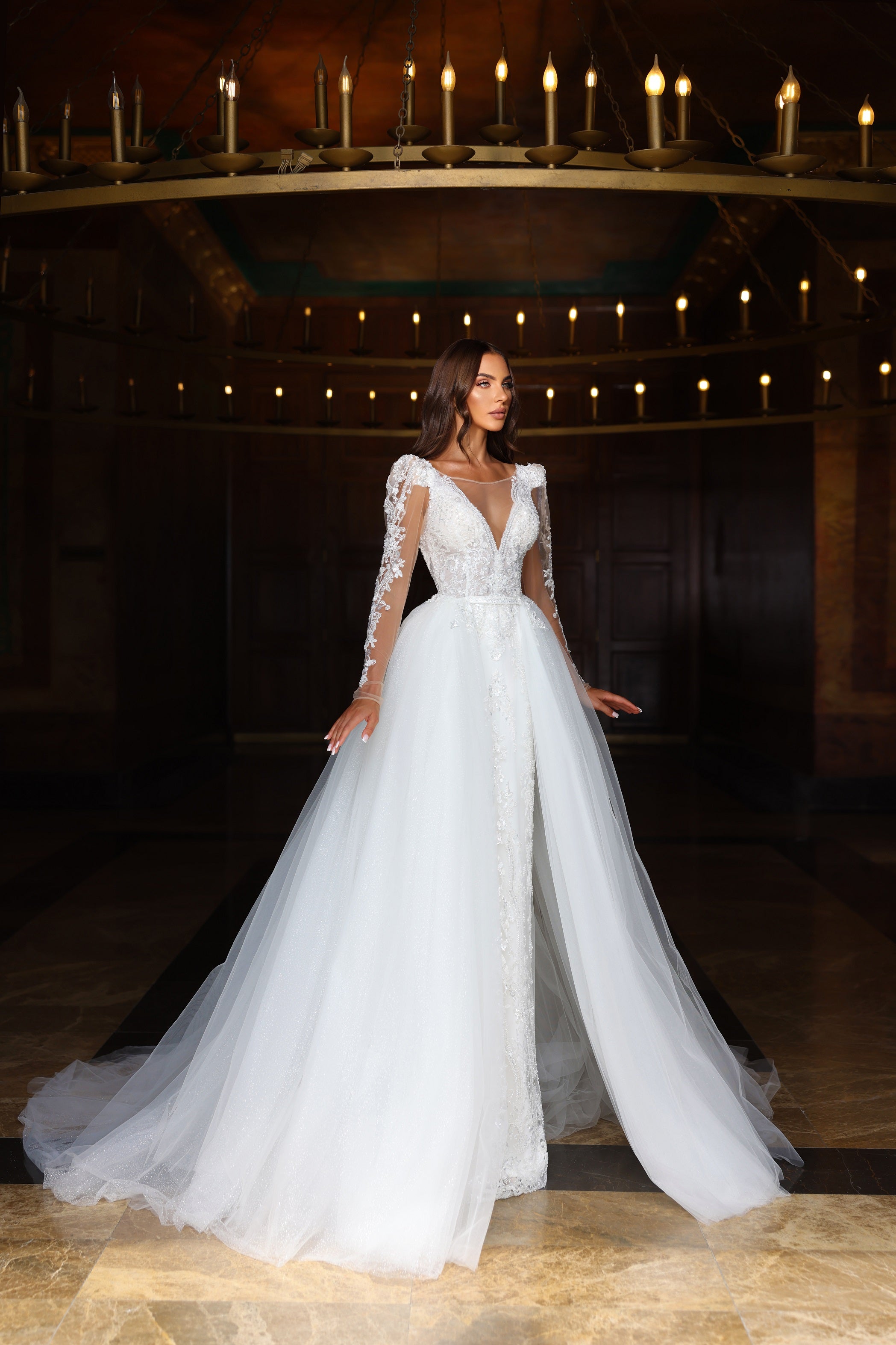 Robe de mariée Lady Di Bride 1119 – Siréne en dentelle avec sur-jupe amovible manches longues