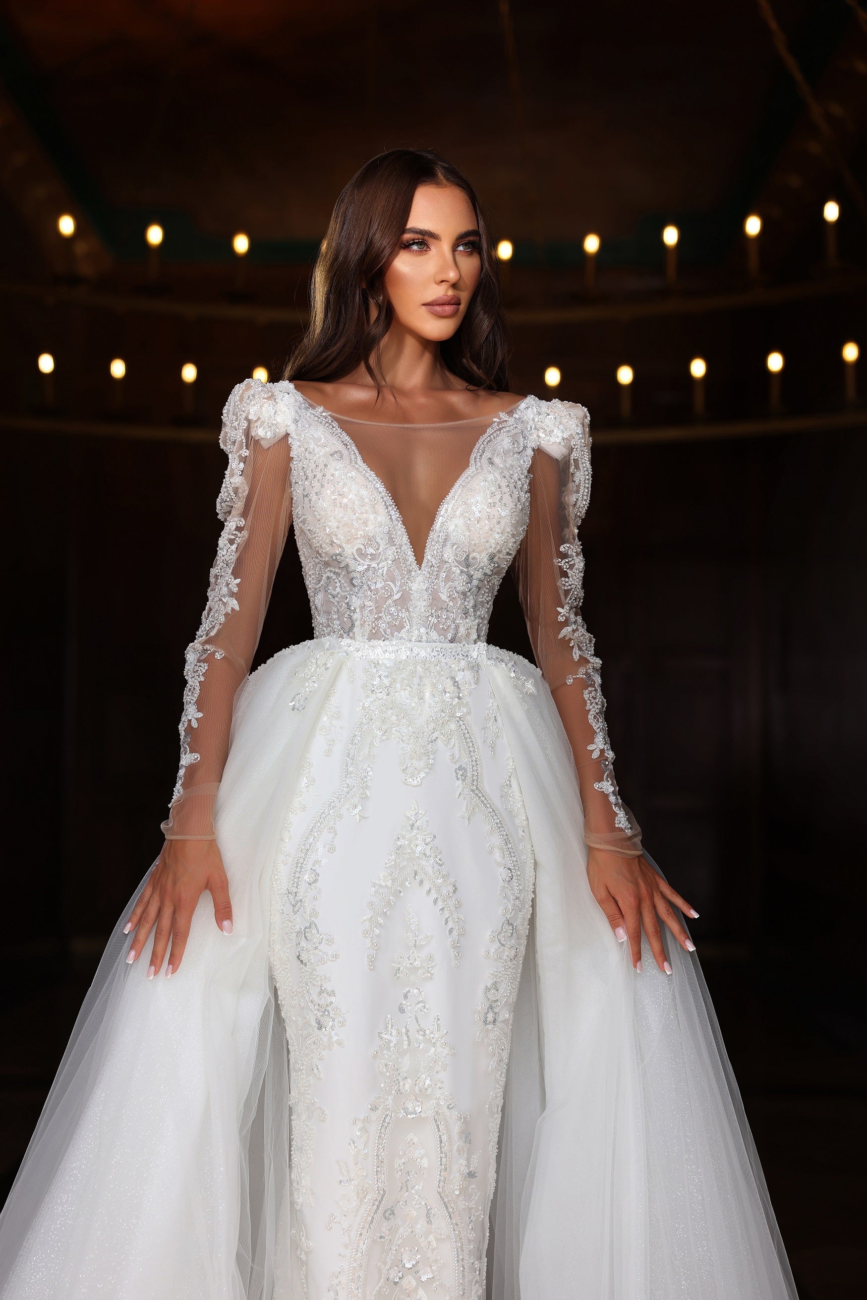 Robe de mariée Lady Di Bride 1119 – Siréne en dentelle avec sur-jupe amovible manches longues