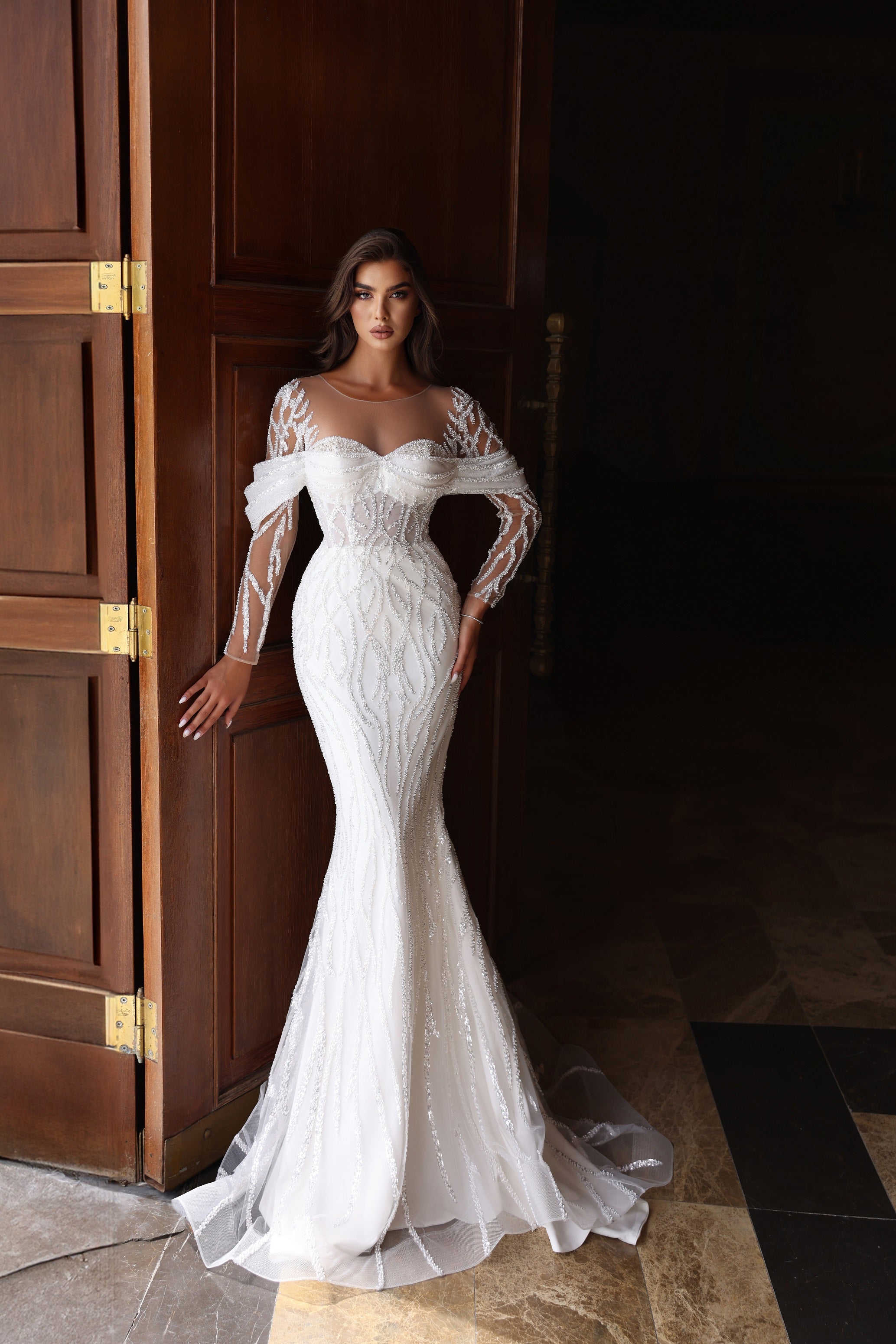 Robe de mariée Lady Di Bride 1119 – Siréne en dentelle avec sur-jupe amovible manches longues