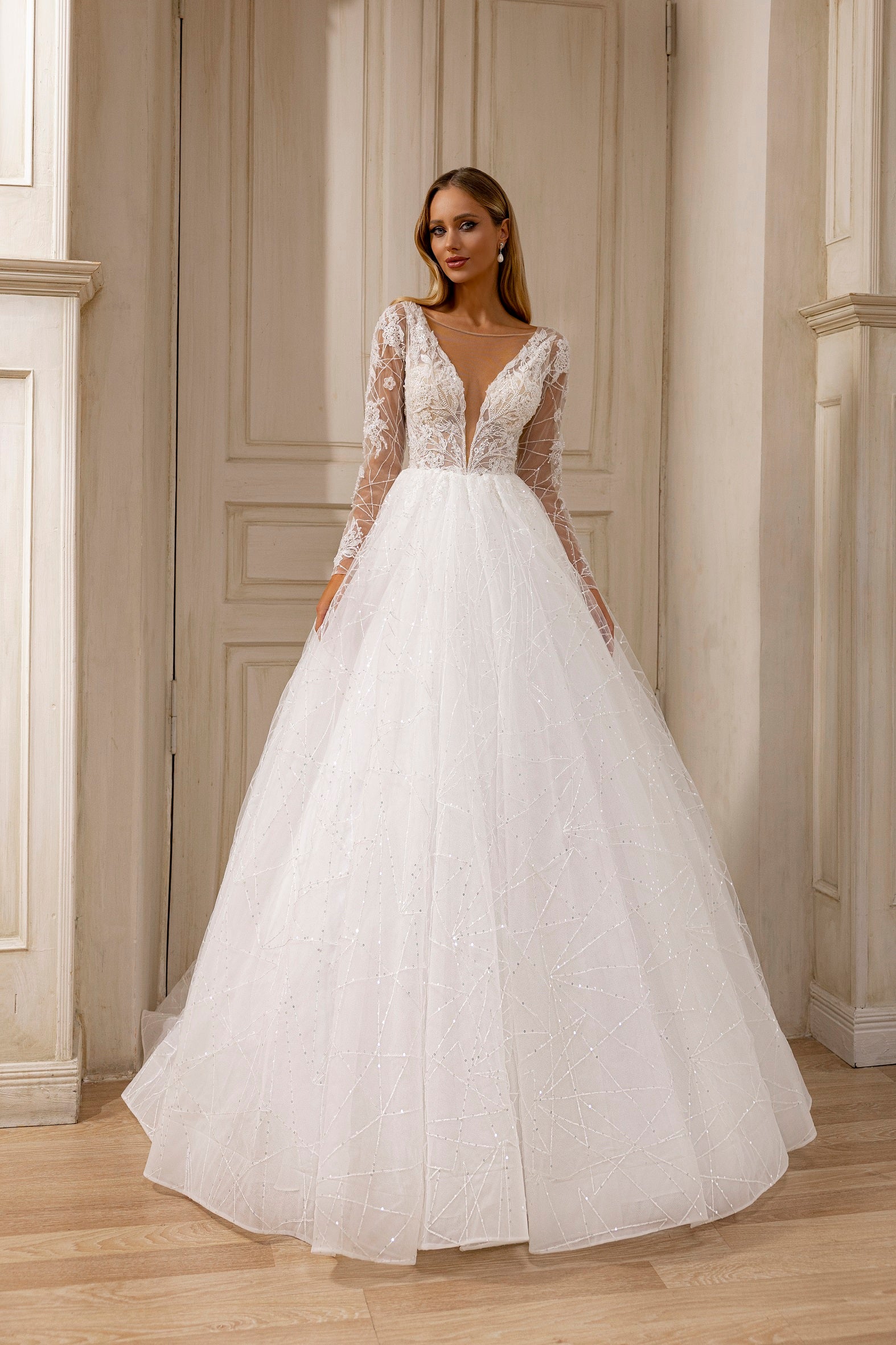Robe de mariée Lady Di Bride 1207 – Princesse en tulle et dentelle brillante à manches longues