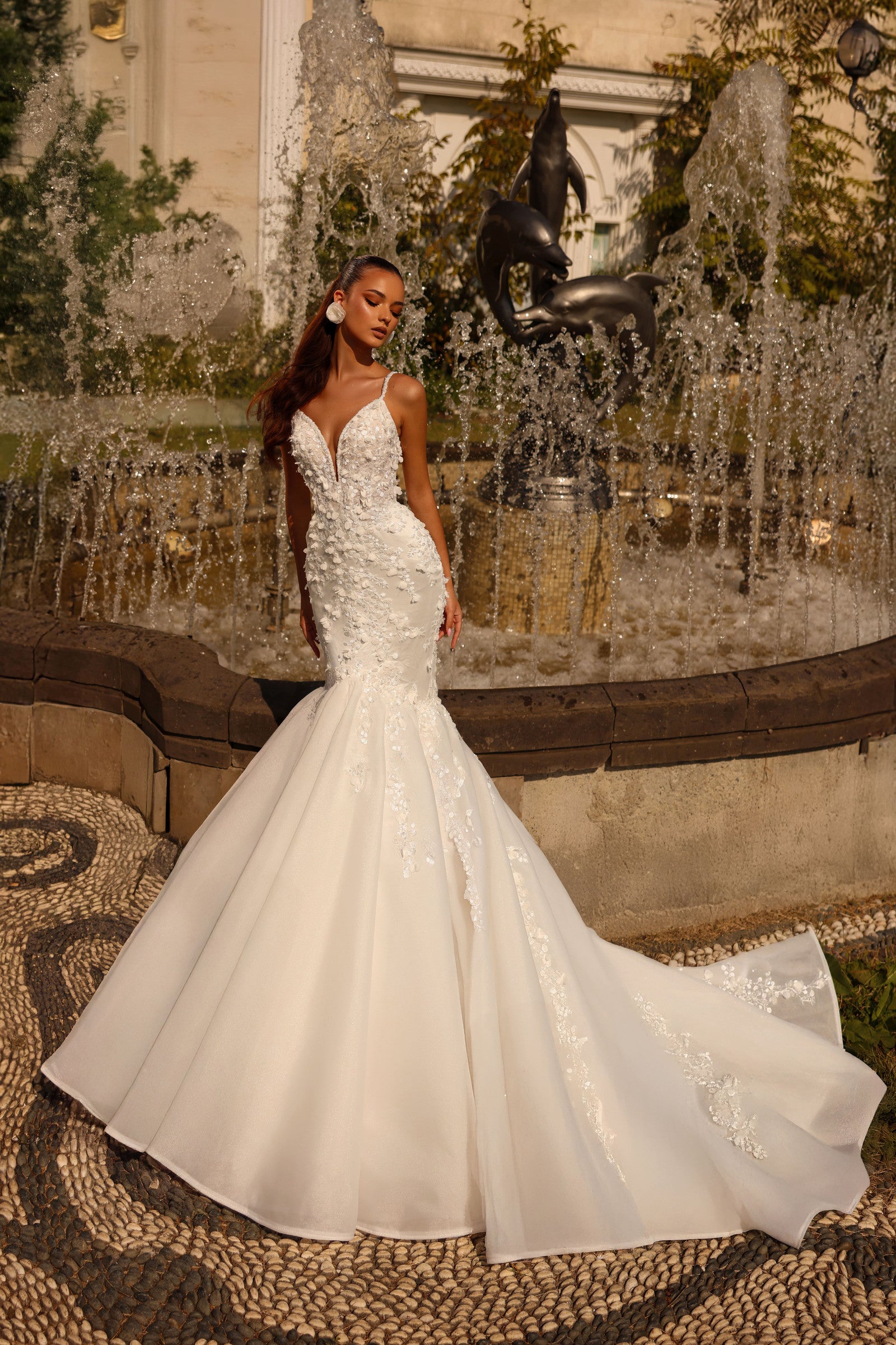 Robe de mariée Lady Di Bride 1520 – Sirène organza bustier illusion & dentelle à relief appliquée