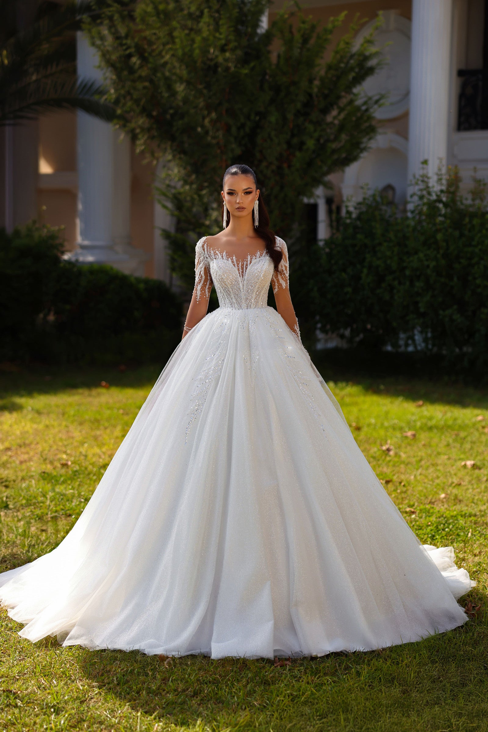 Robe de mariée Lady Di Bride 1525 – Princesse en tulle scintillant, manches longues, perles