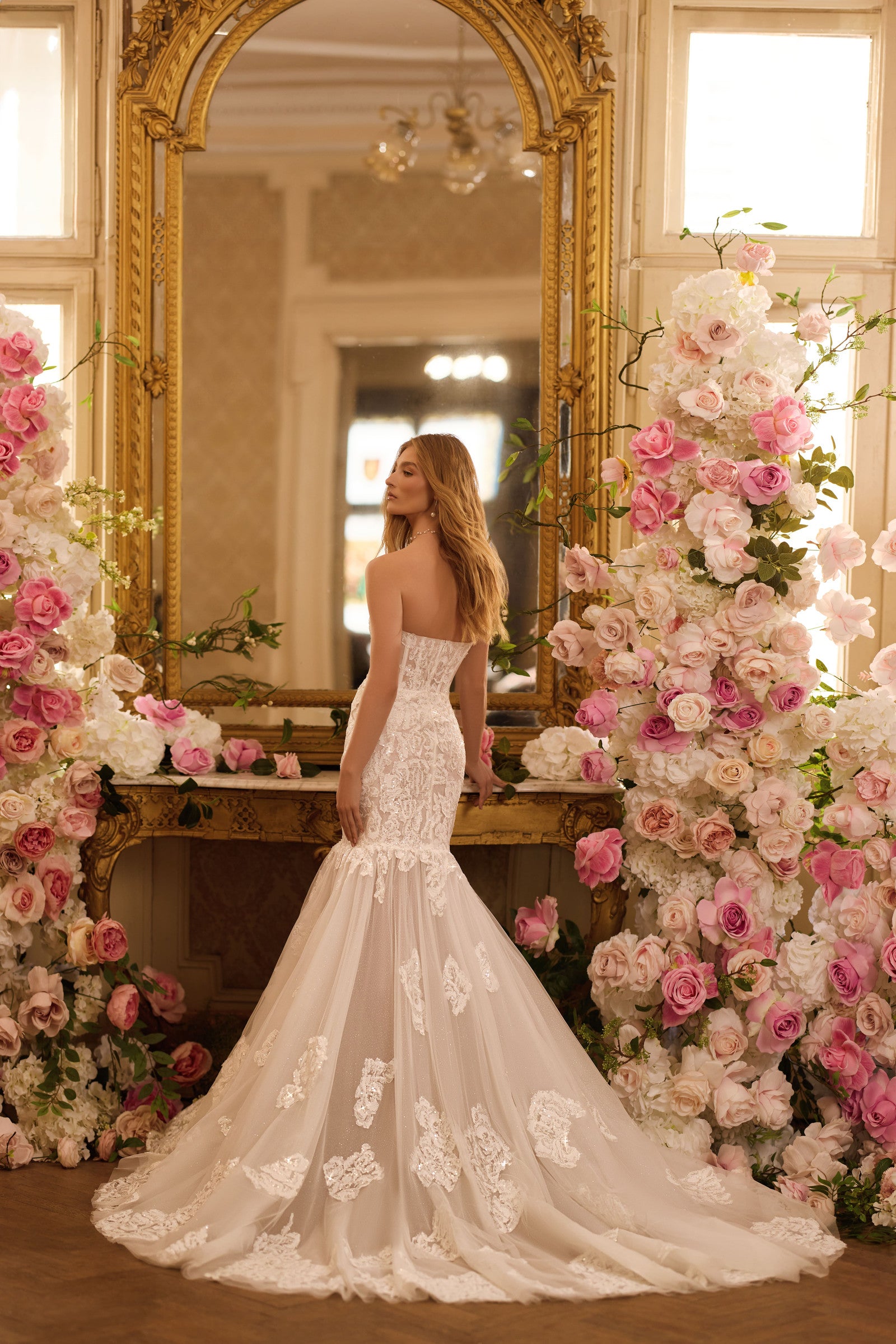 Robe de mariée Lady Di Bride 1639 – Sirène bustier dentelle florale scintillante et sur-jupe amovible en tulle brillant