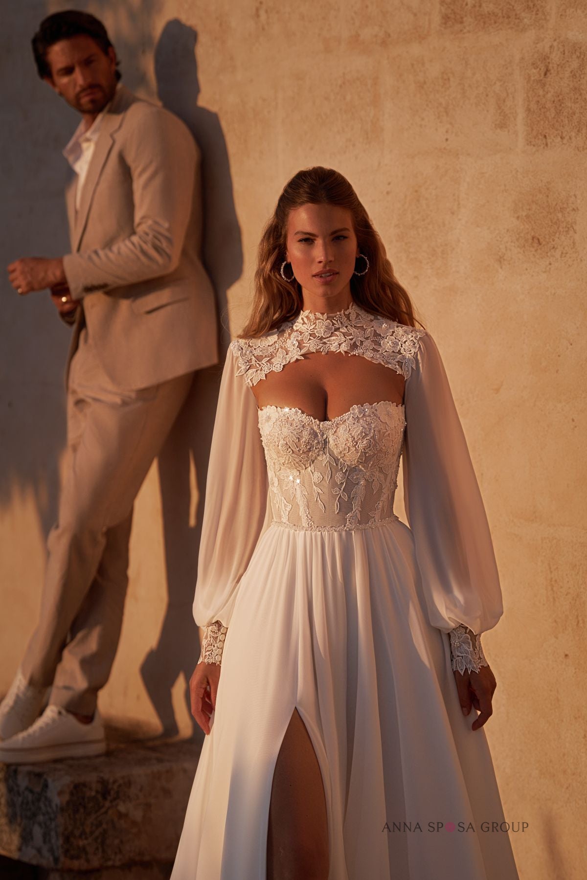Robe de mariée Alonso – Mousseline avec dentelle florale & boléro amovible