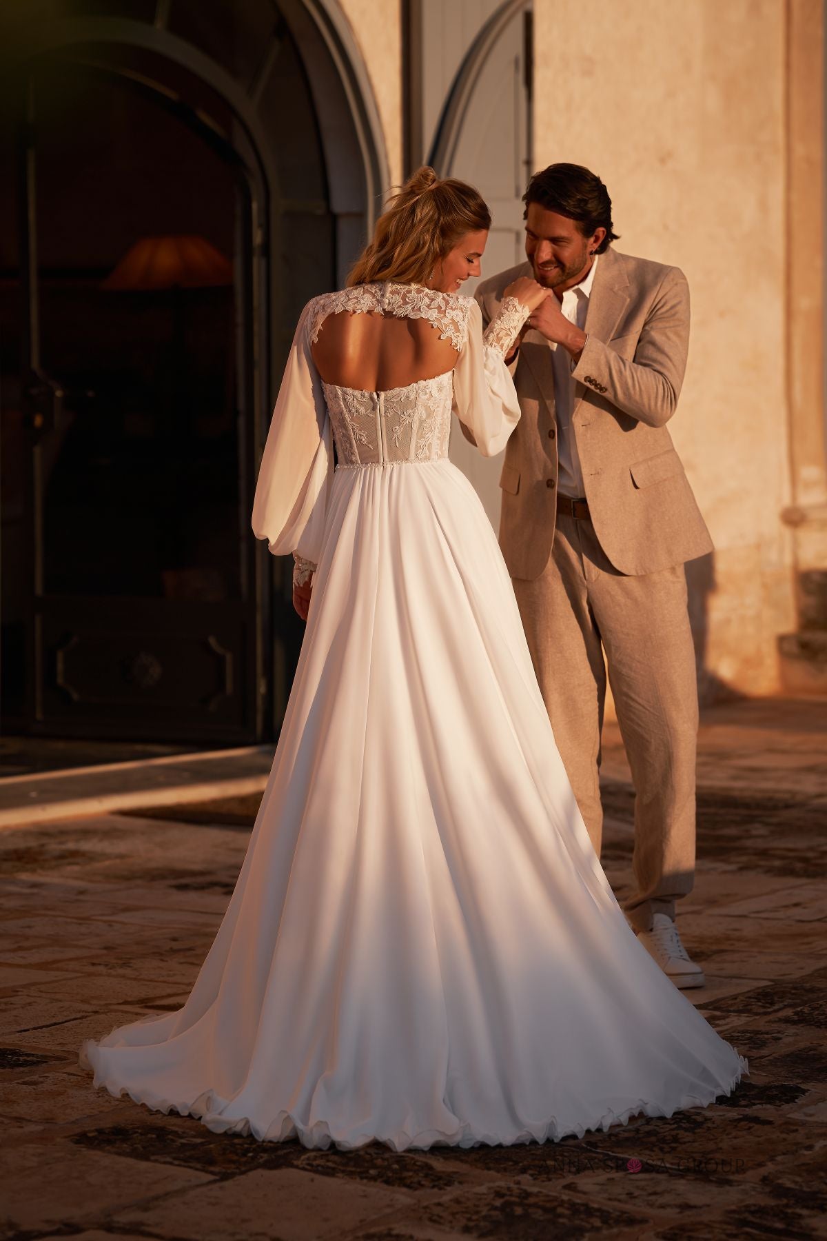 Robe de mariée Alonso – Mousseline avec dentelle florale & boléro amovible