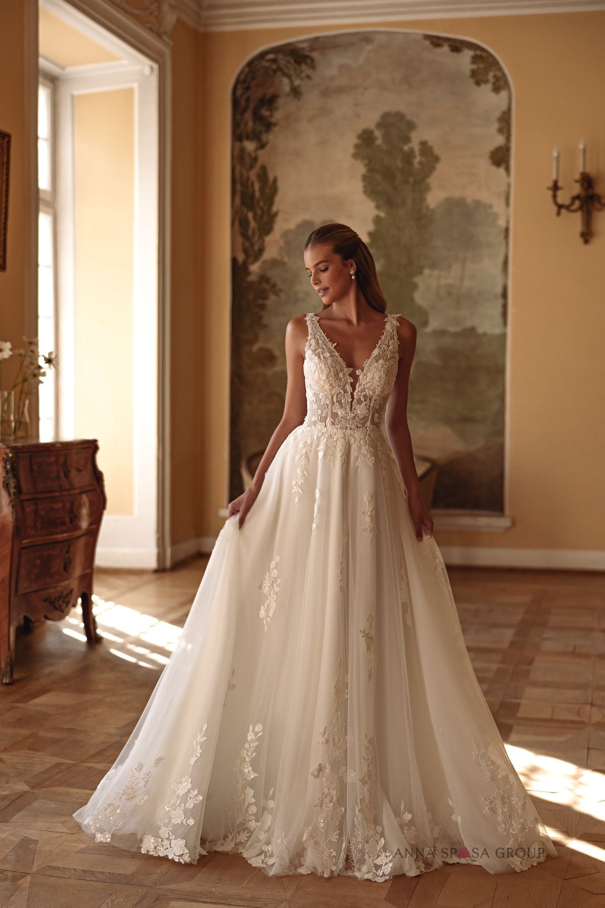 Robe de mariée Anna Sposa Azriel – Ligne A ivoire en dentelle florale et tulle brillant
