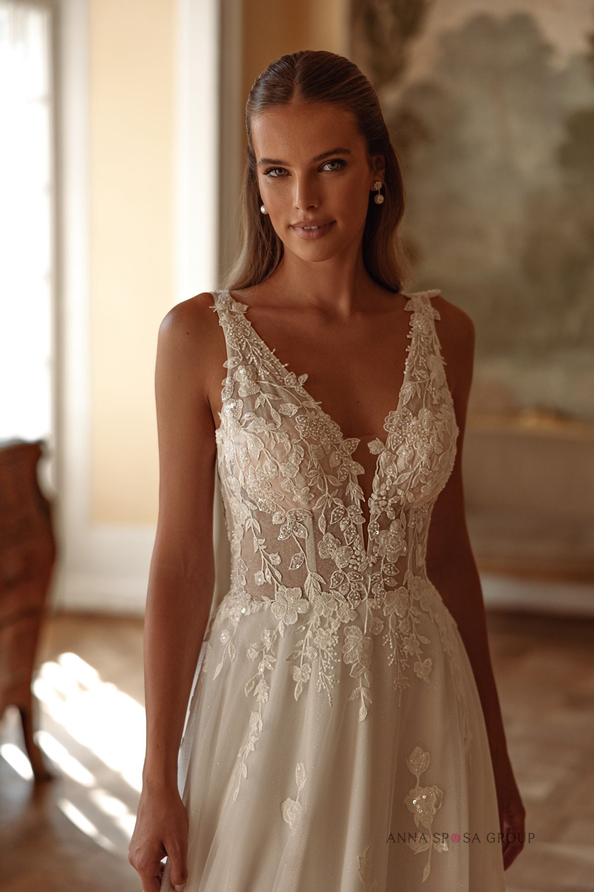 Robe de mariée Anna Sposa Azriel – Ligne A ivoire en dentelle florale et tulle brillant