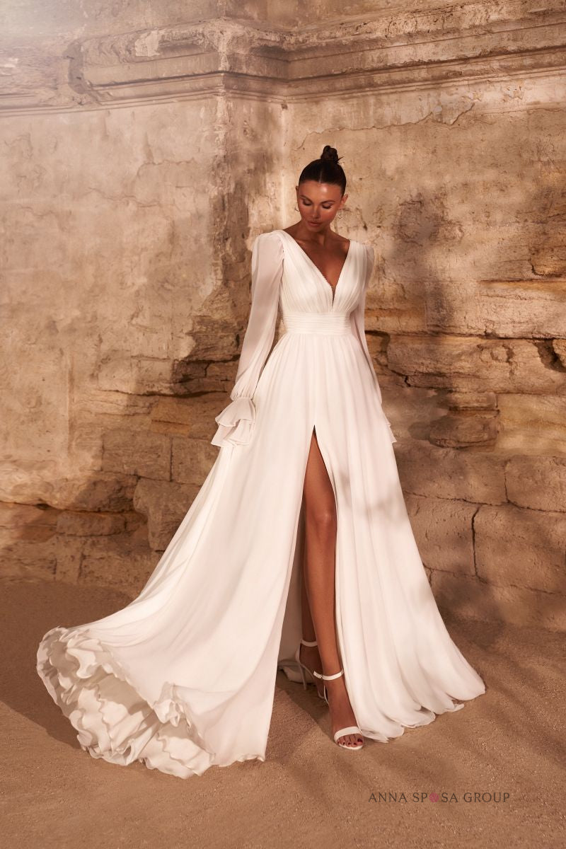 Robe de mariée Belvita – Ligne A fluide en mousseline avec manches longues