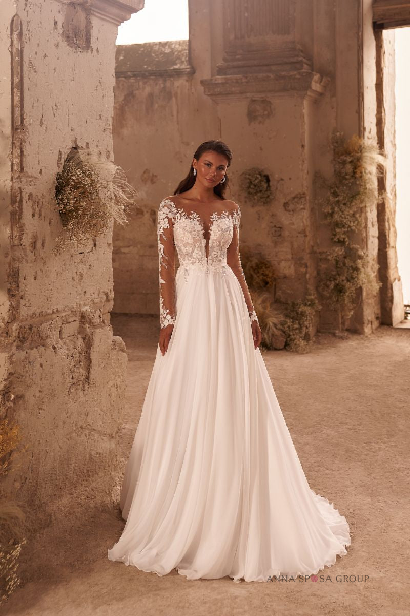 Robe de mariée Chiera – Ligne A fluide en mousseline avec manches longues en dentelle