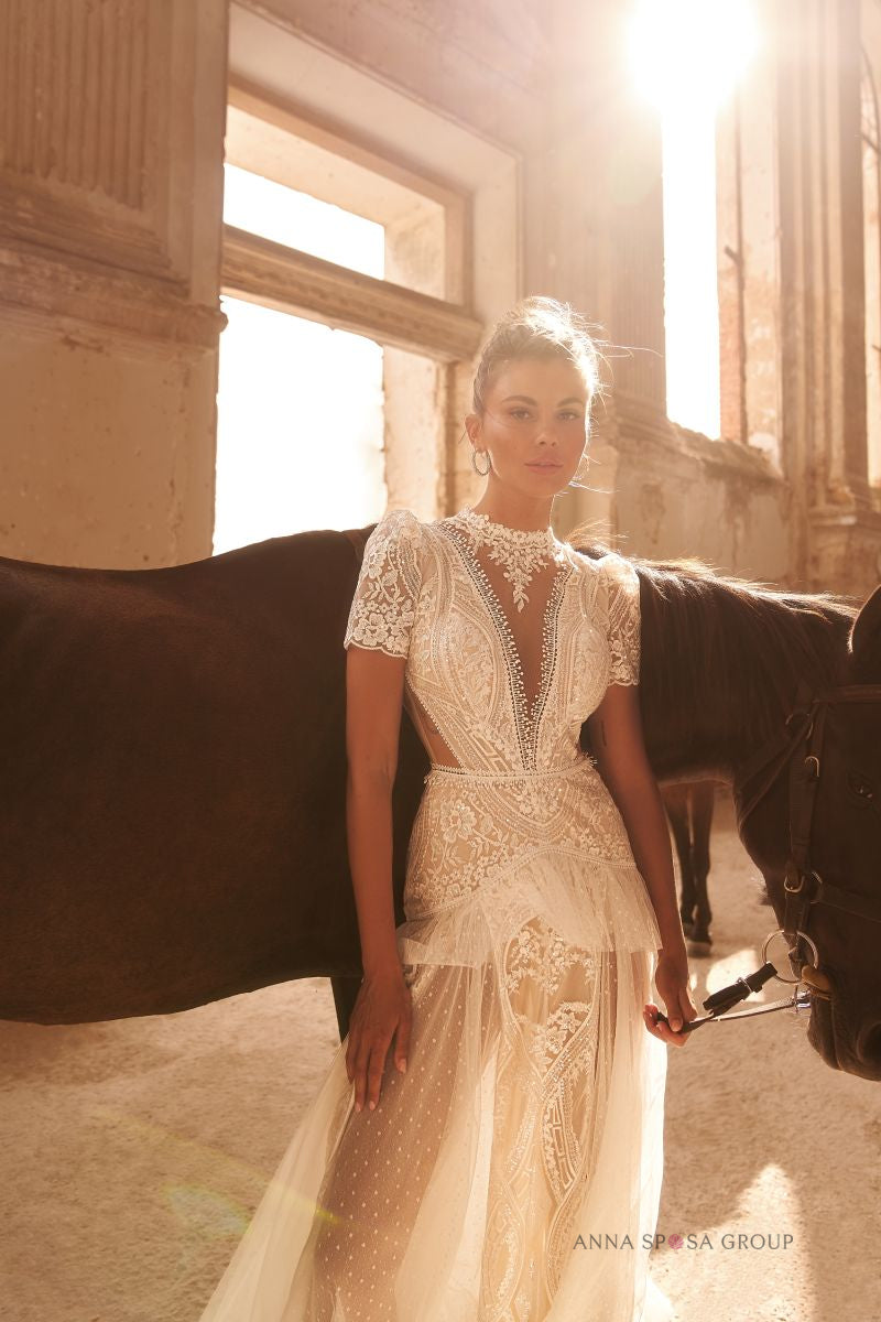 Robe de mariée Cordelia – Ligne A bohème en tulle plumetis et dentelle florale