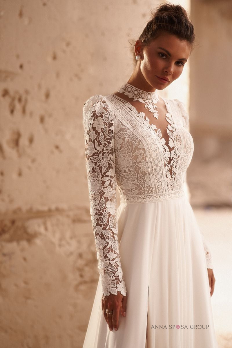 Robe de mariée Cujam – Ligne A bohème en mousseline et dentelle à manches longues