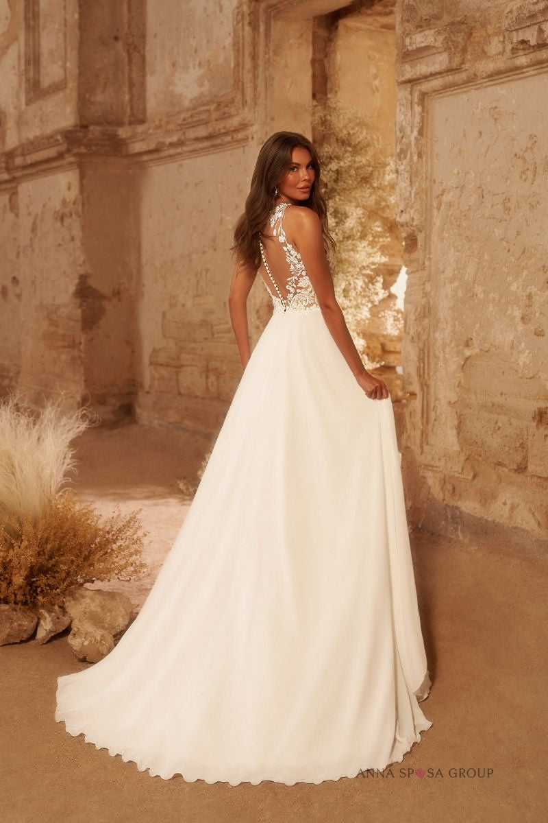 Robe de mariée Diphda – Ligne A bohème en mousseline et dentelle