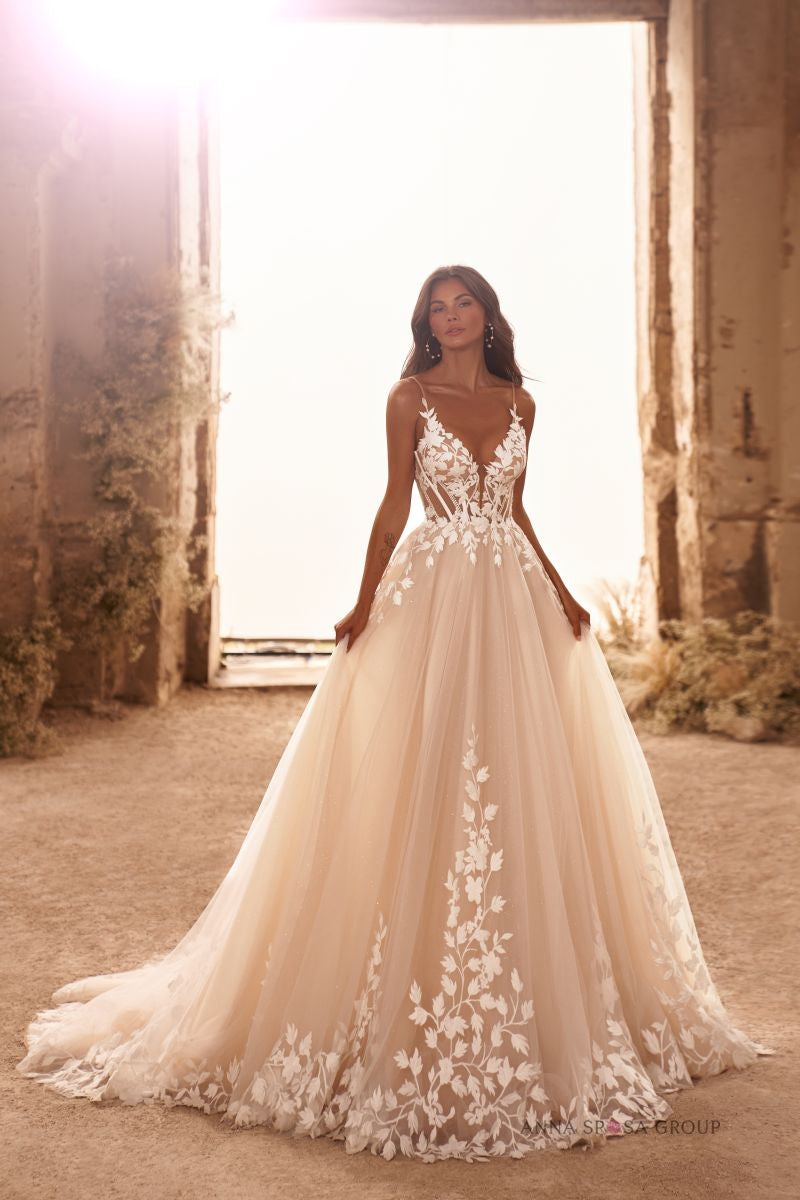 Robe de mariée Emil – Ligne A bohème en tulle et dentelle florale