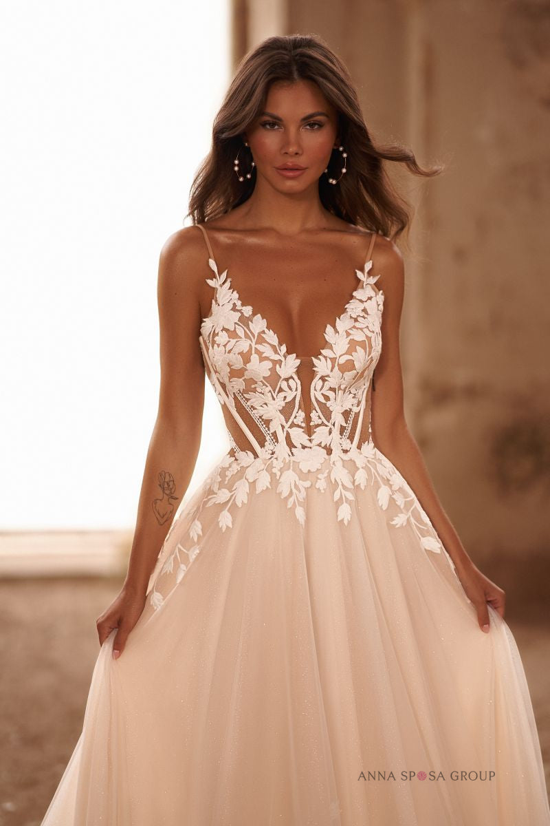 Robe de mariée Emil – Ligne A bohème en tulle et dentelle florale