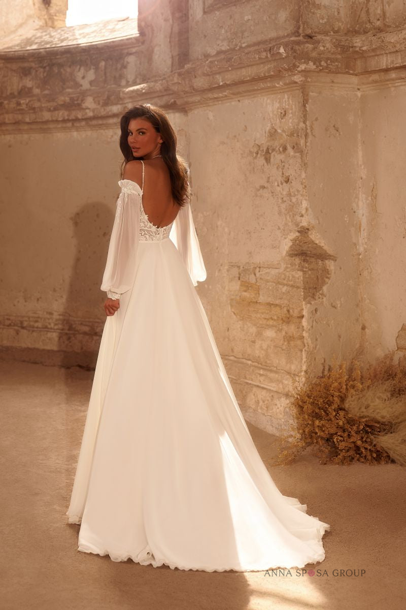 Robe de mariée Farina – Ligne A bohème fluide en mousseline avec manches amovibles