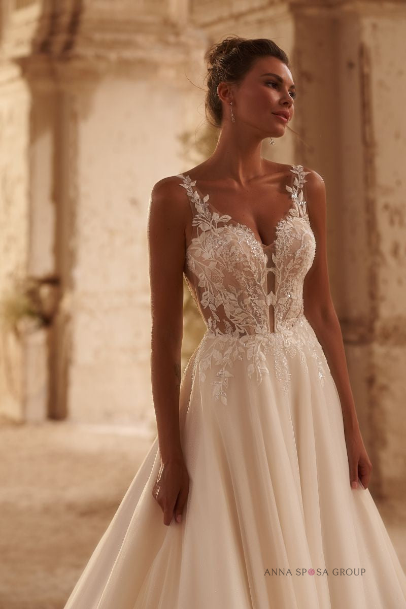 Robe de mariée Fuji – Ligne A fluide en tulle et dentelle florale