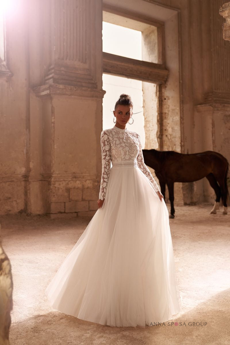 Robe de mariée Garda – Ligne A bohème tulle en dentelle à manches longues