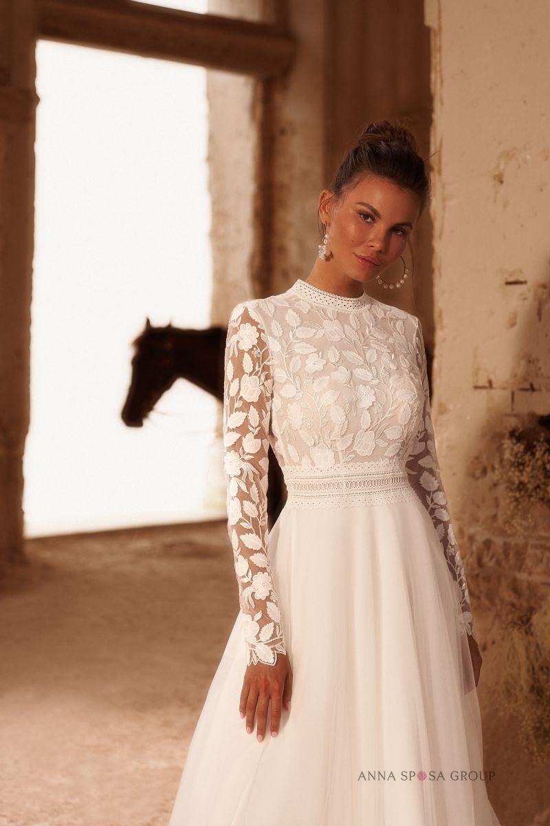 Robe de mariée Garda – Ligne A bohème tulle en dentelle à manches longues