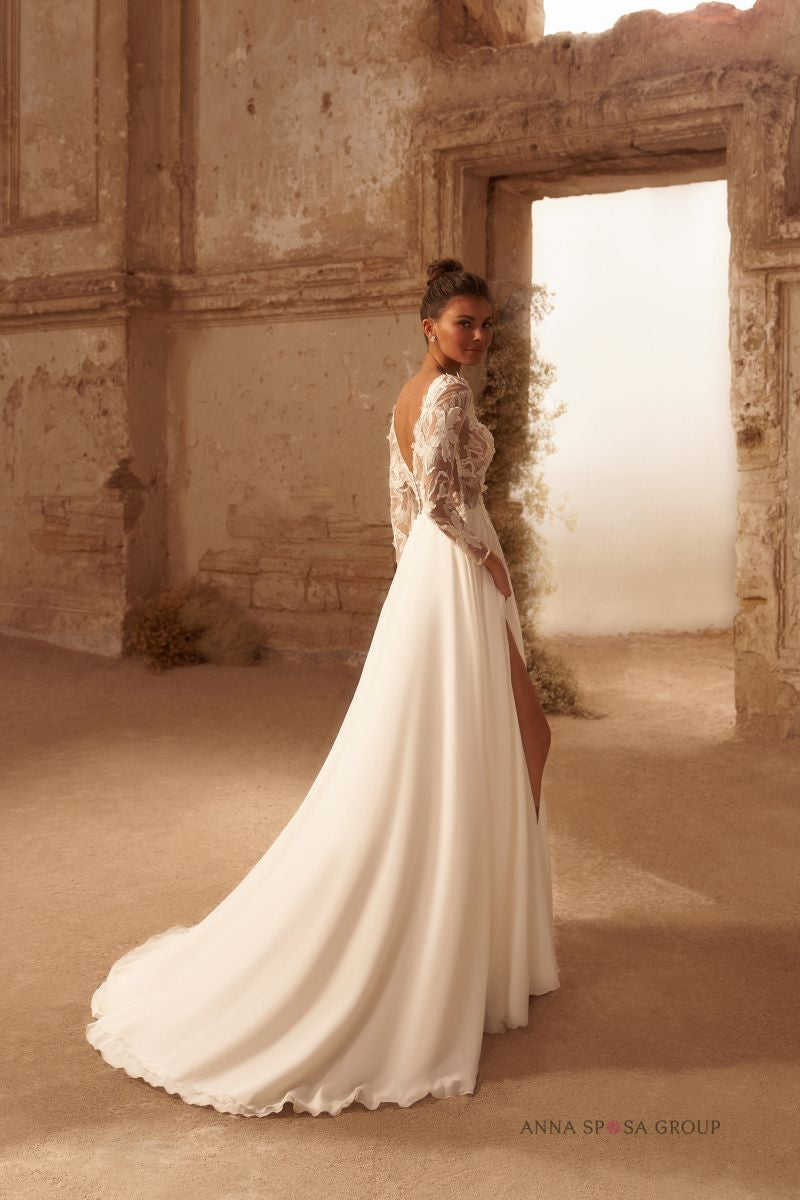 Robe de mariée Messina – Robe fluide à manches longues en mousseline et dentelle