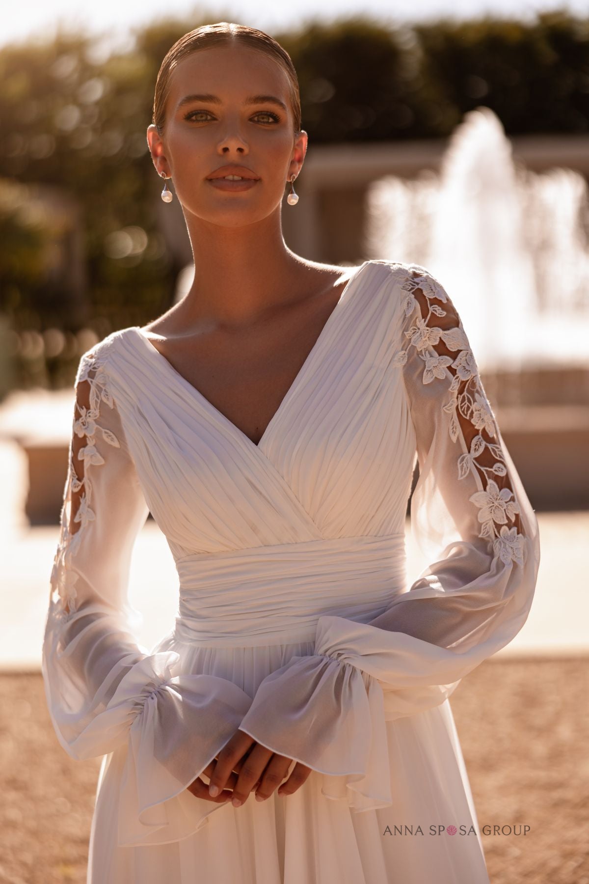 Robe de mariée Anna Sposa Prego – Ligne A mousseline avec manches longues et décolleté en V