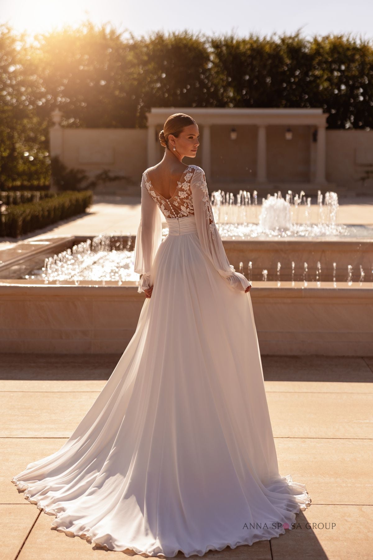 Robe de mariée Anna Sposa Prego – Ligne A mousseline avec manches longues et décolleté en V