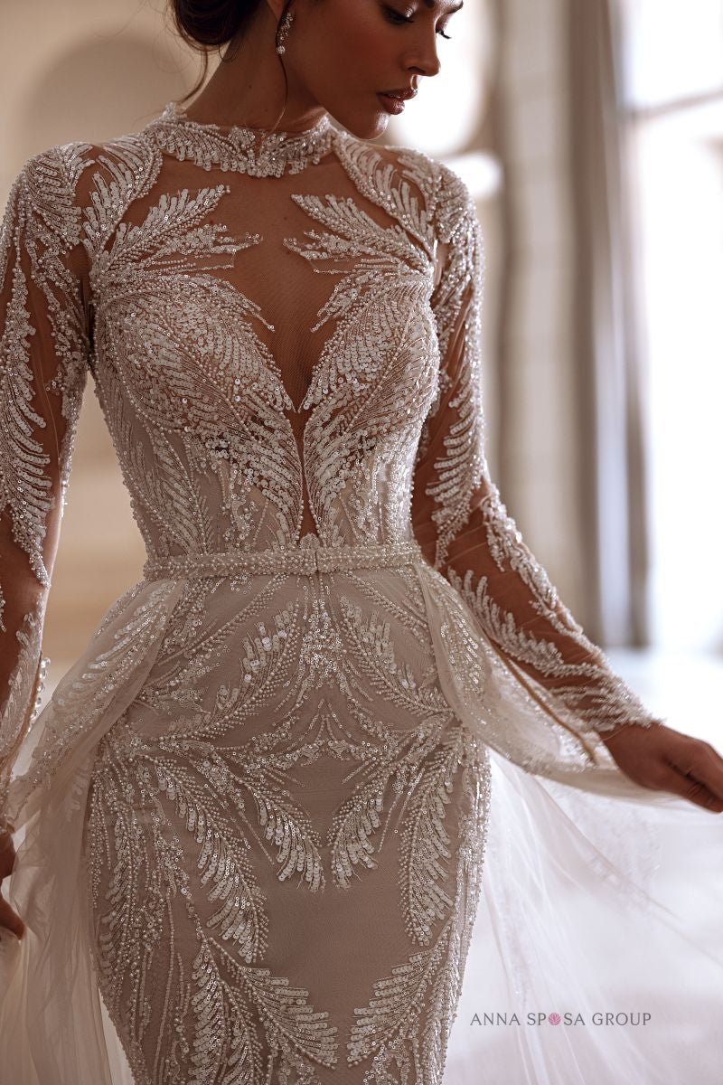 Robe de mariée Anna Sposa Toman – Sirène brodée de perles avec manches longues et traîne amovible