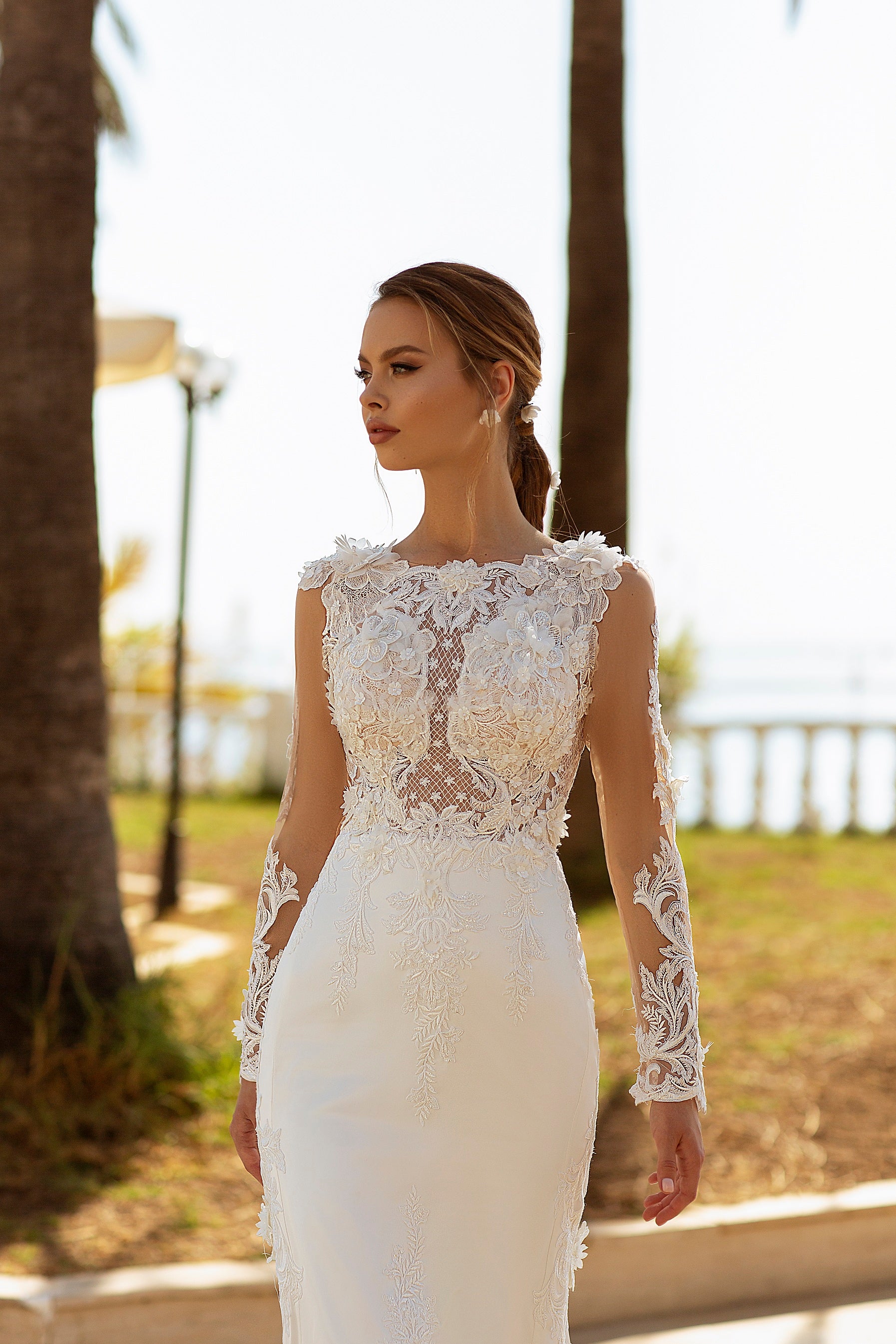 Robe de mariée sirène fourreau avec manches longues dentelle et sequins – Modèle 721