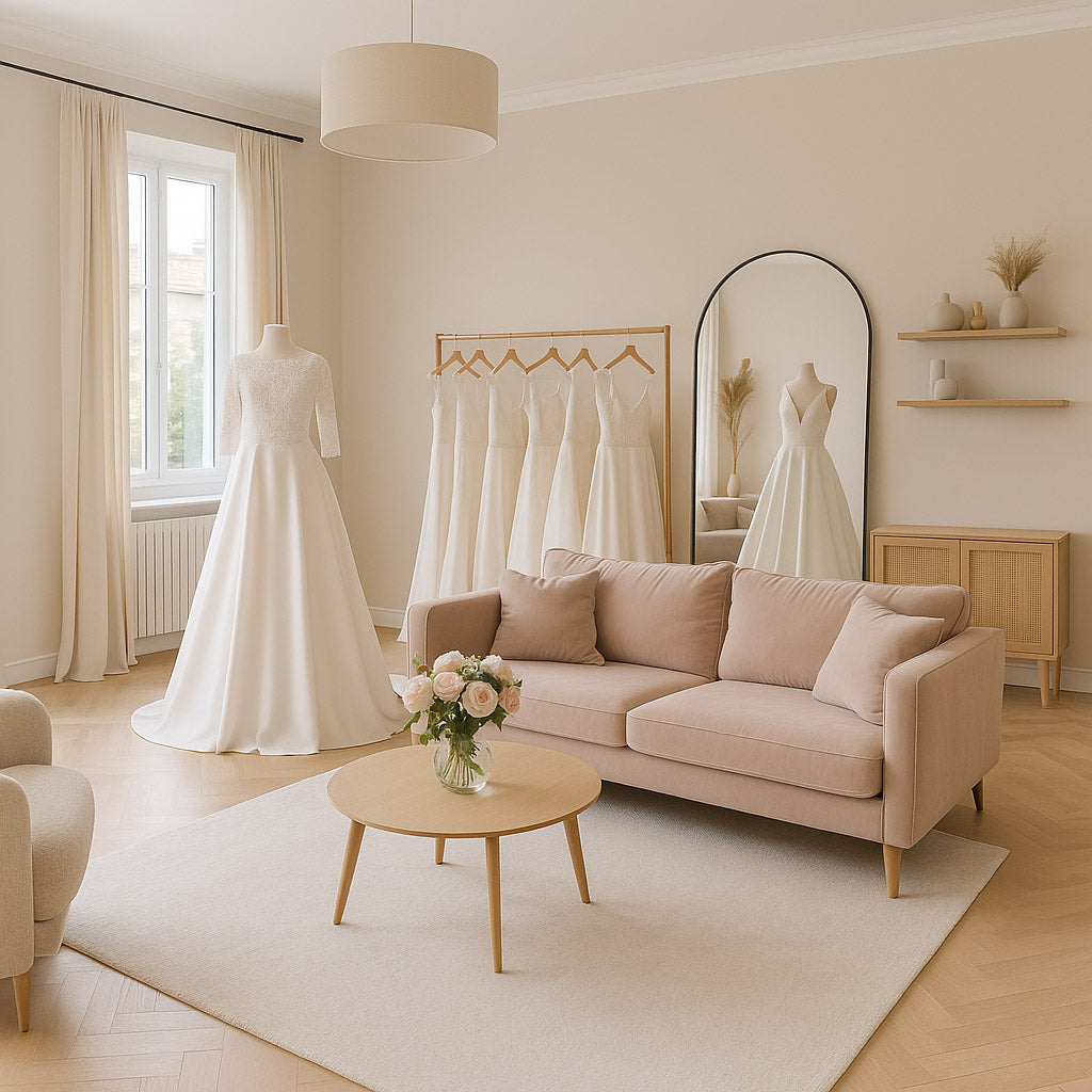 Salon d’essayage chaleureux avec robes de mariée bohèmes et en dentelle, confection sur mesure