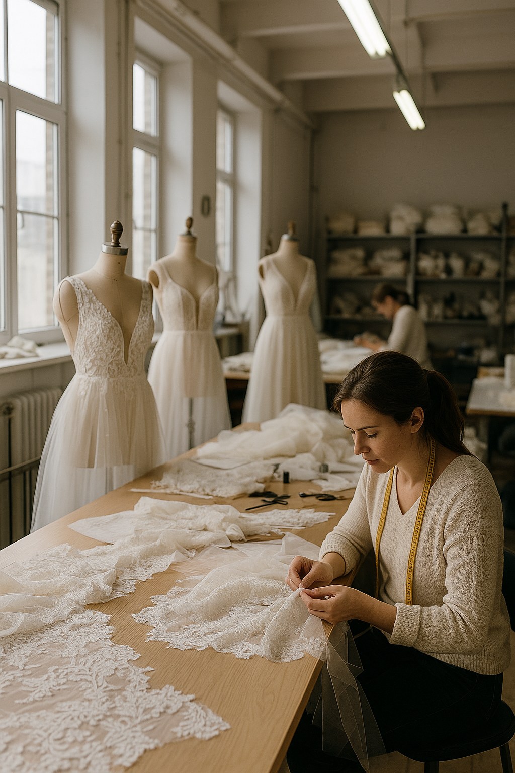 Couturière travaillant la dentelle dans un atelier de création de robes de mariée, avec des modèles en cours de fabrication sur mannequins et un espace lumineux dédié au sur-mesure.