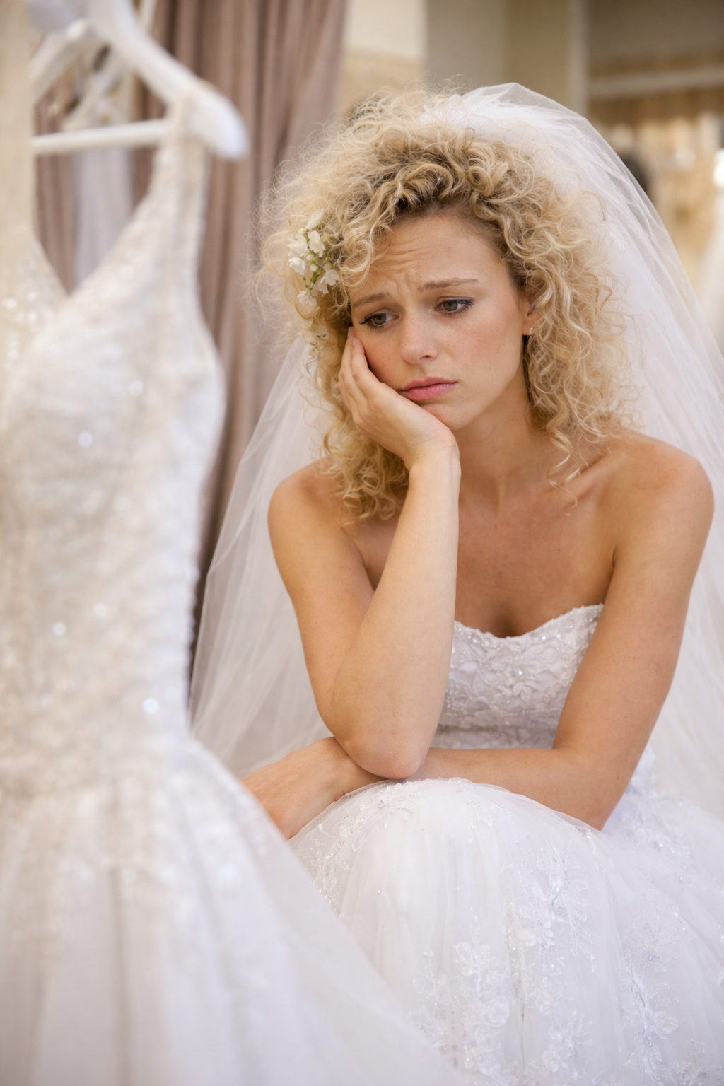 Future mariée en robe de mariée, assise dans une boutique, exprimant le doute et l’hésitation avant de choisir sa robe de mariage