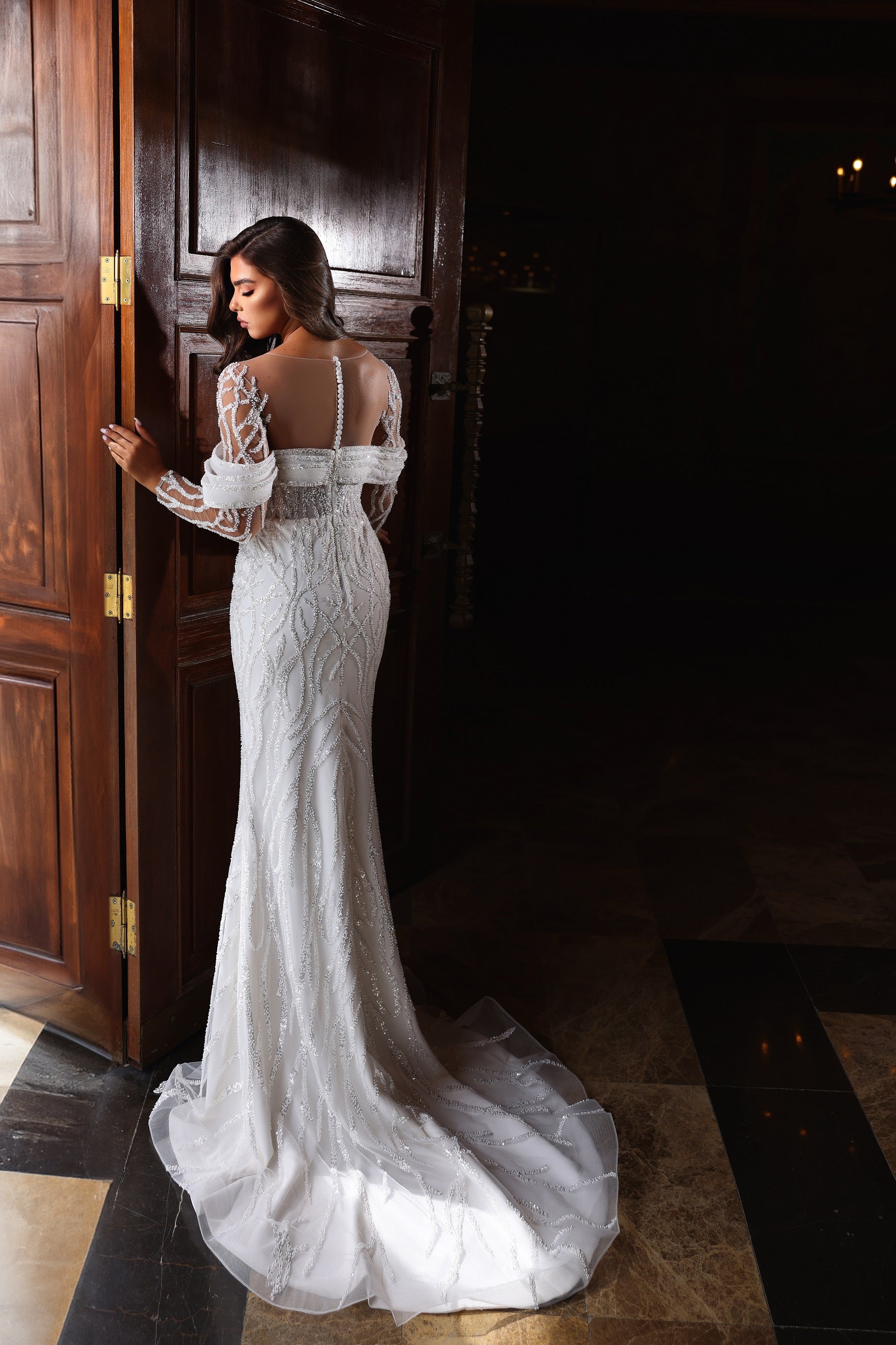 Robe de mariée Lady Di Bride 1119 – Siréne en dentelle avec sur-jupe amovible manches longues