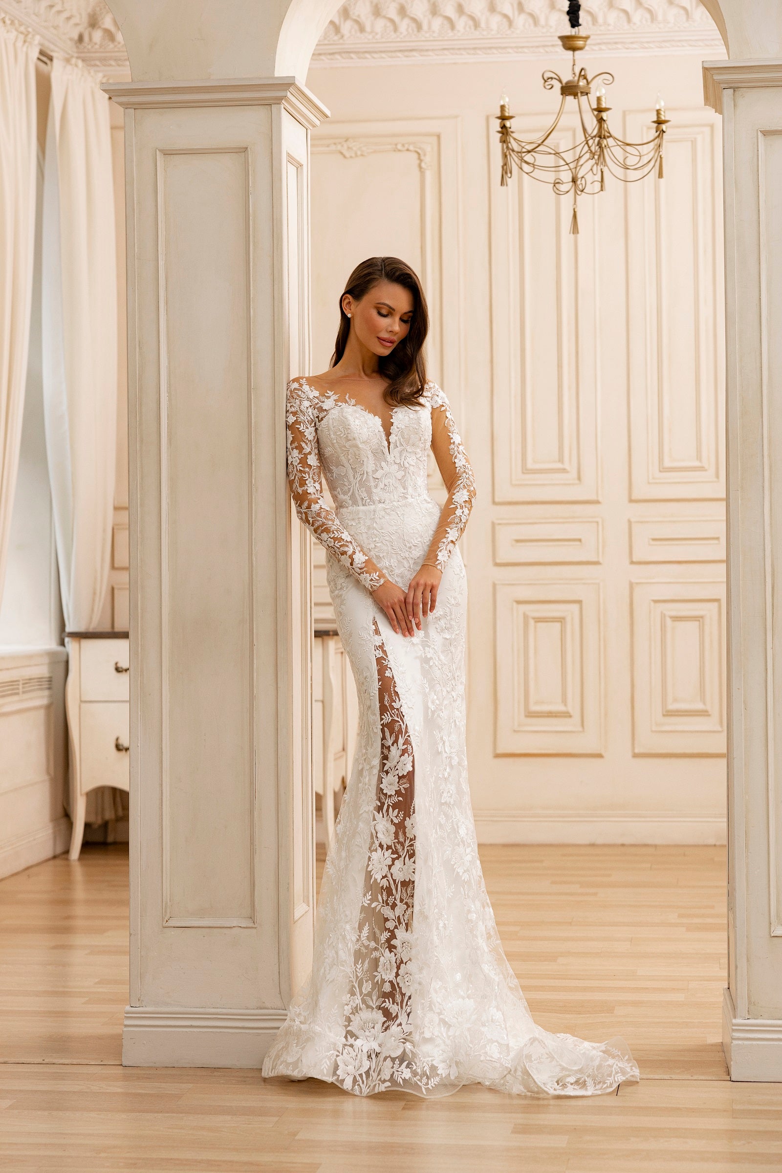 Robe de mariée Lady Di Bride 1224 – Sirène tout en dentelle sequins avec manches longues fente