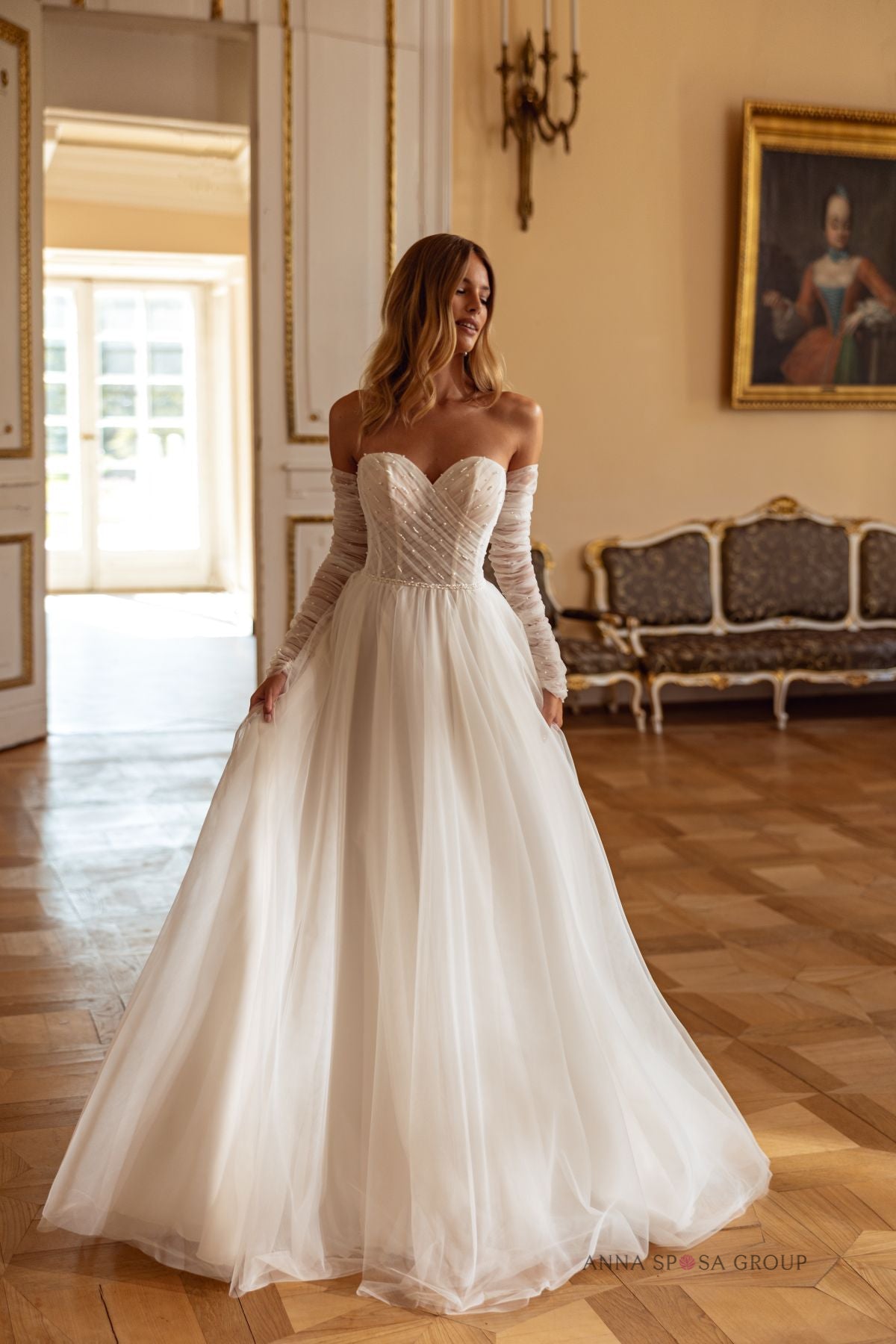 Robe de mariée Anna Sposa Agnessa – Ligne A ivoire avec manches longues amovibles