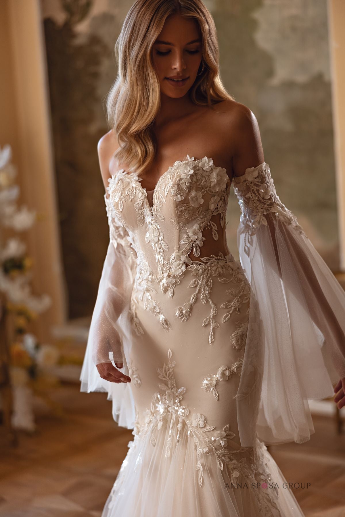 Robe de mariée Anna Sposa Bronte – Coupe sirène en dentelle florale et manches amovibles