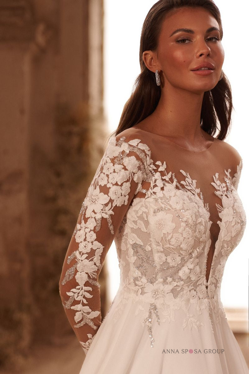 Robe de mariée Chiera – Ligne A fluide en mousseline avec manches longues en dentelle