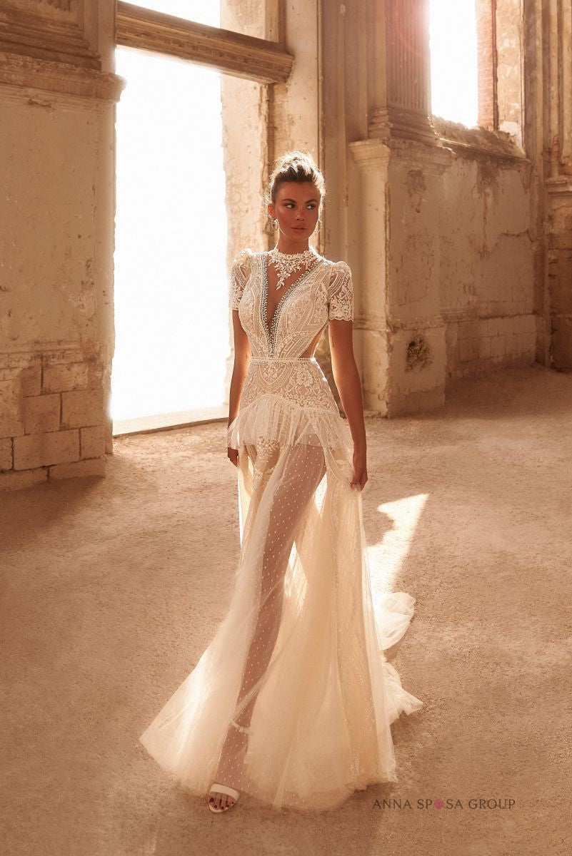 Robe de mariée Cordelia – Ligne A bohème en tulle plumetis et dentelle florale