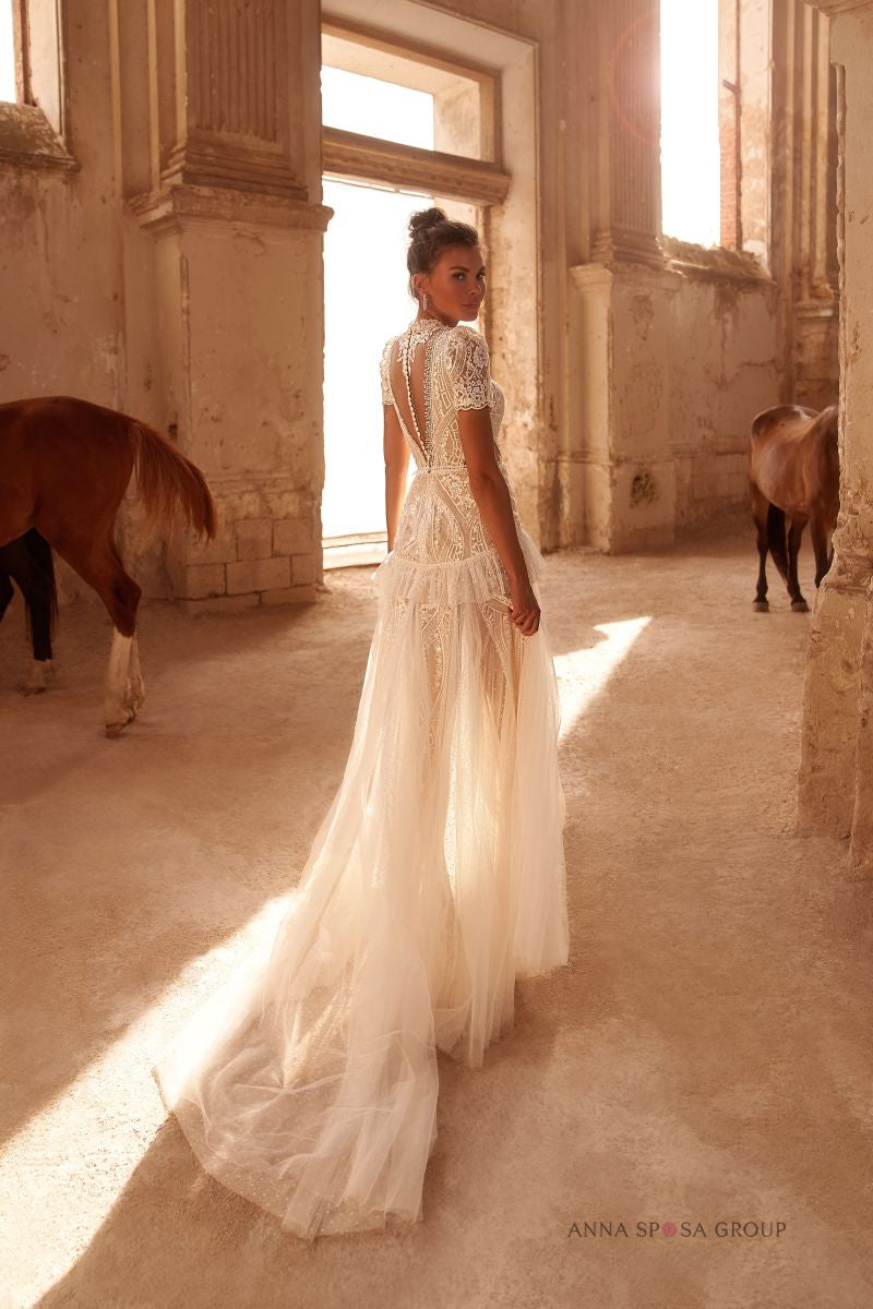 Robe de mariée Cordelia – Ligne A bohème en tulle plumetis et dentelle florale