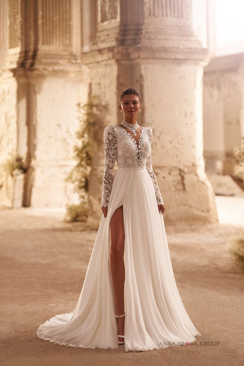 Robe de mariée Cujam – Ligne A bohème en mousseline et dentelle à manches longues