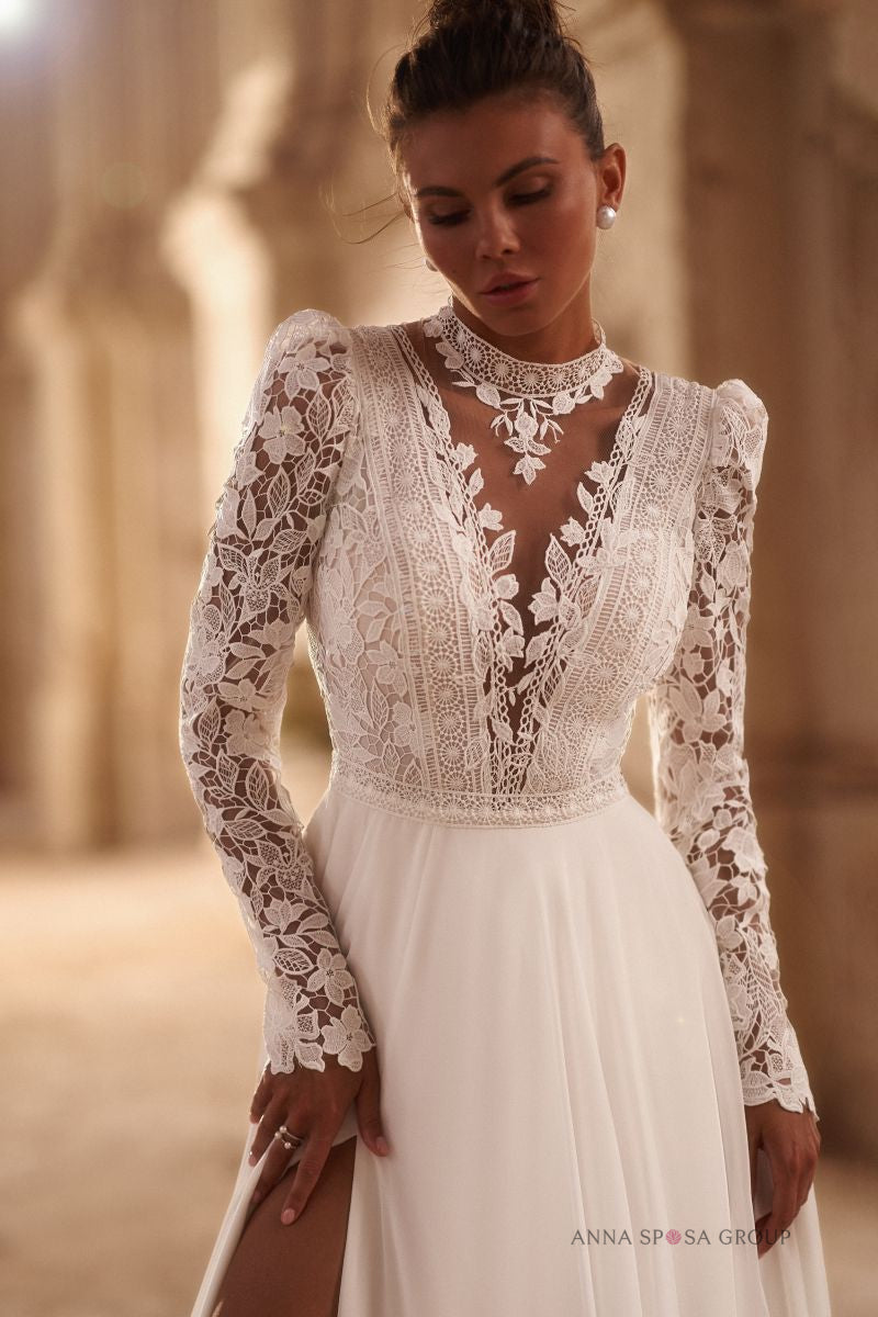 Robe de mariée Cujam – Ligne A bohème en mousseline et dentelle à manches longues