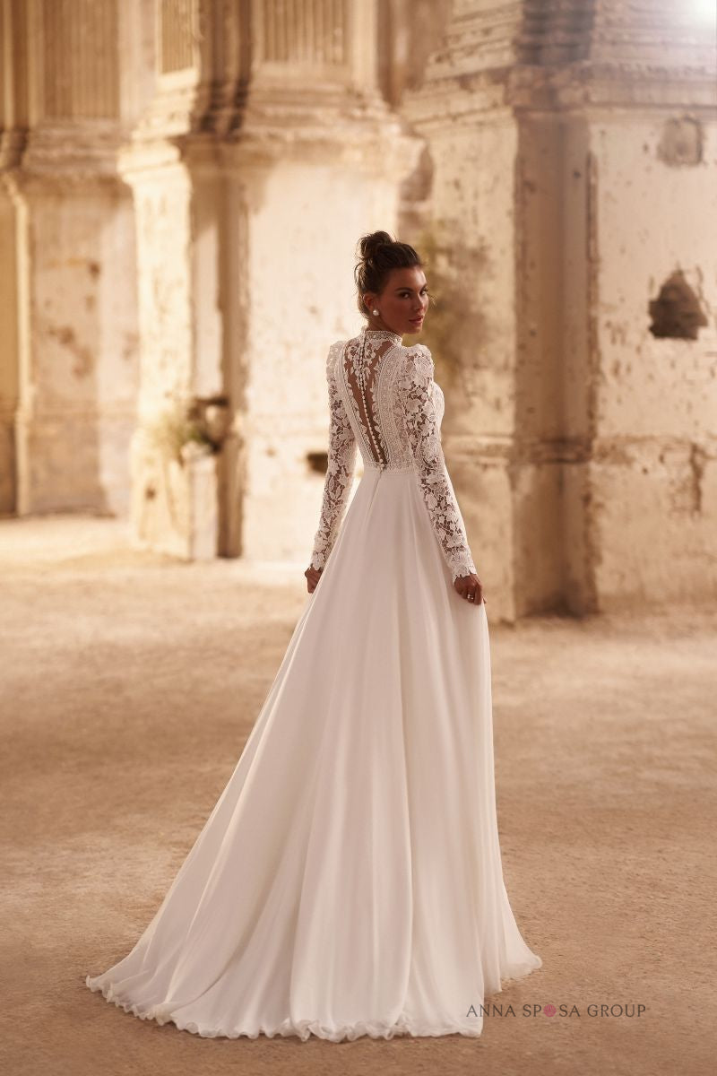 Robe de mariée Cujam – Ligne A bohème en mousseline et dentelle à manches longues