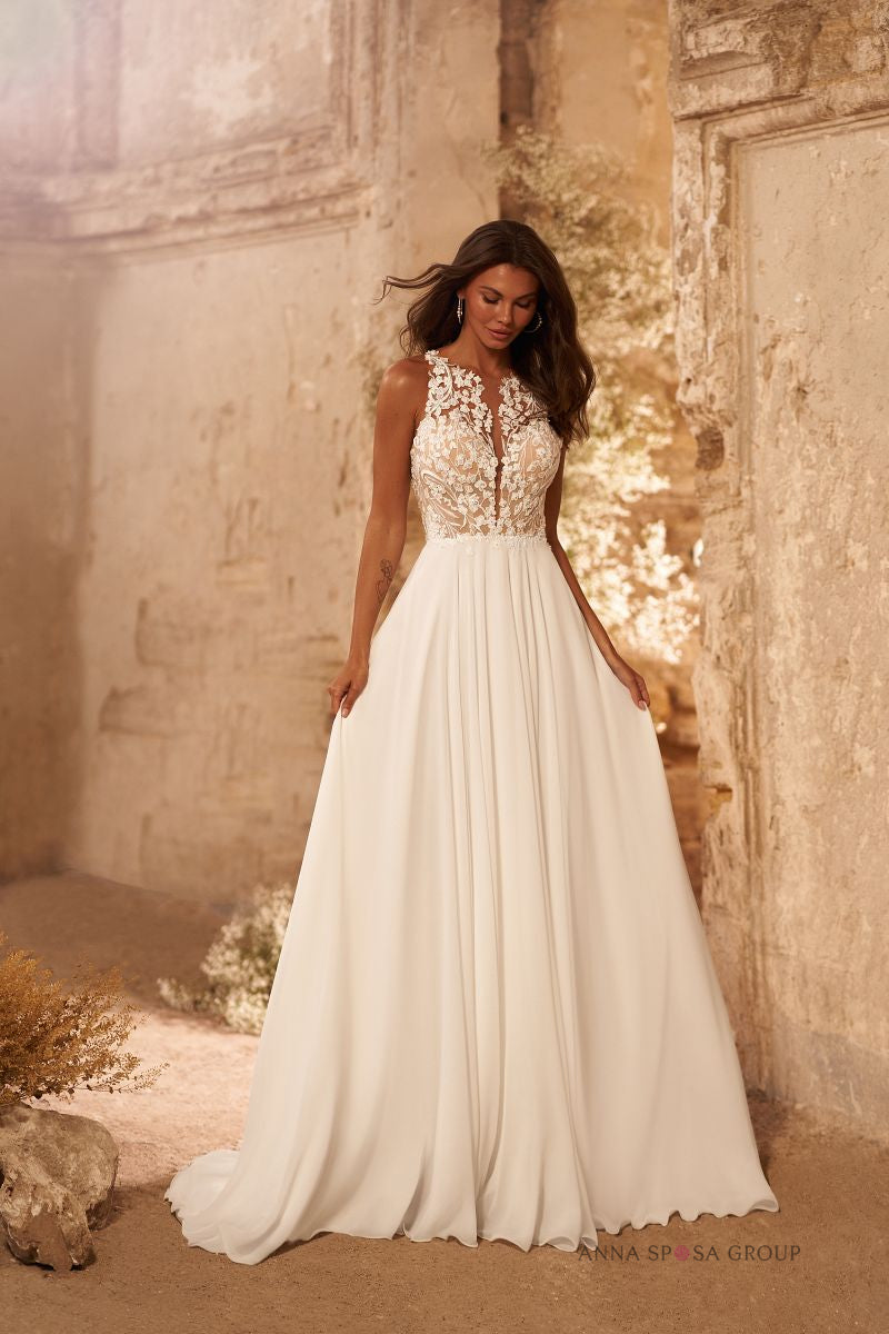 Robe de mariée Diphda – Ligne A bohème en mousseline et dentelle