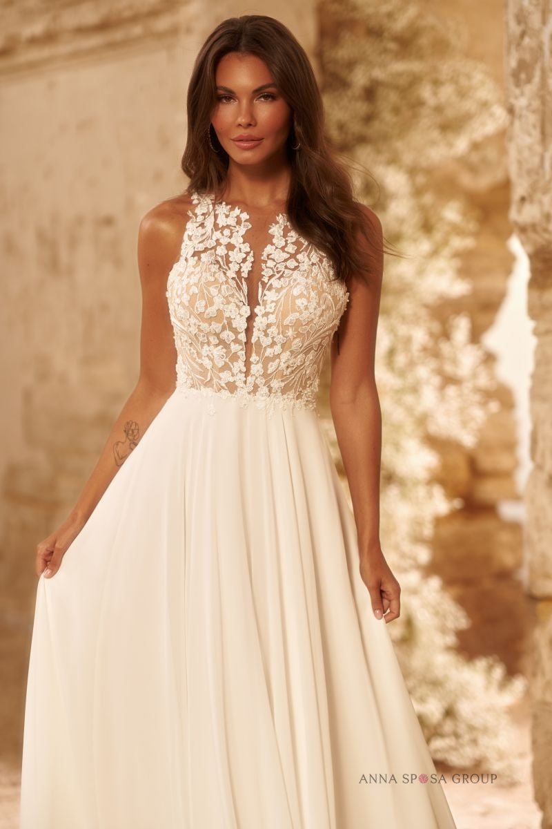 Robe de mariée Diphda – Ligne A bohème en mousseline et dentelle