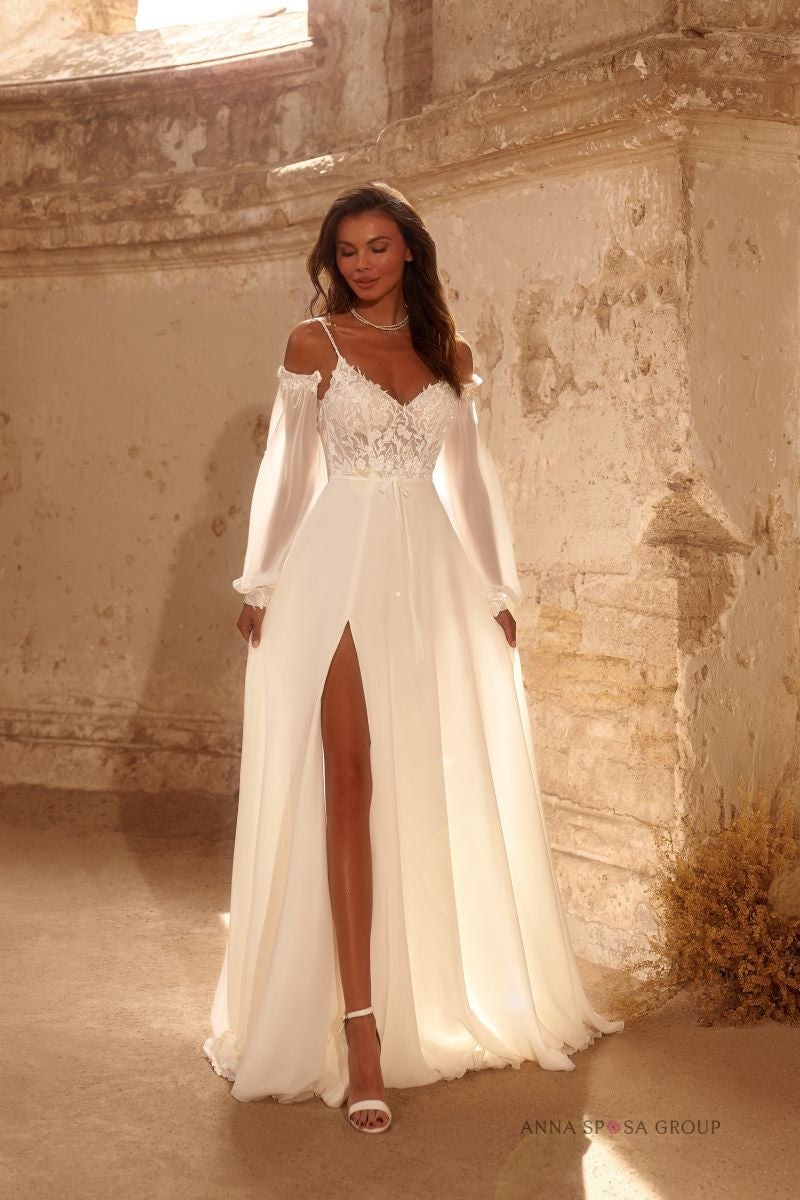 Robe de mariée Farina – Ligne A bohème fluide en mousseline avec manches amovibles