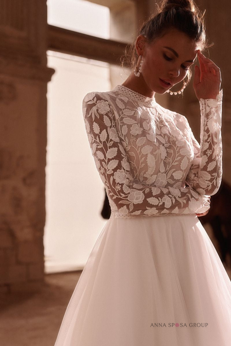 Robe de mariée Garda – Ligne A bohème tulle en dentelle à manches longues