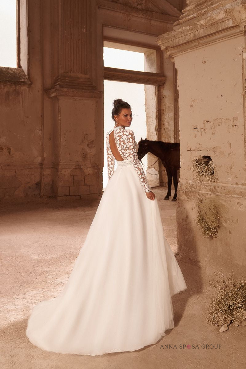 Robe de mariée Garda – Ligne A bohème tulle en dentelle à manches longues